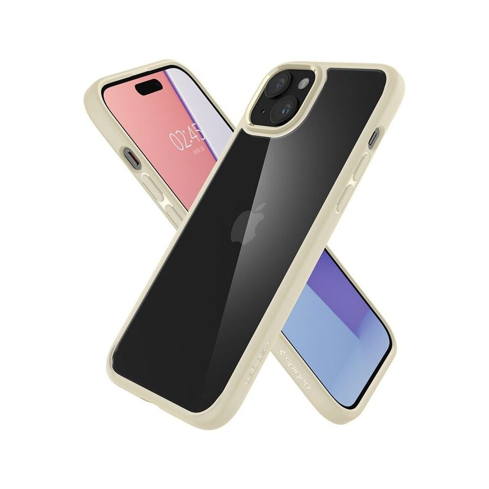 iPhone 14 z przezroczystym etui. Telefon jest czarny, etui jest beżowe i przezroczyste. Widok diagonalny.