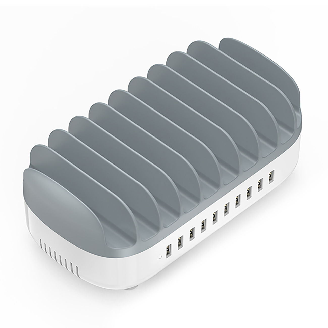Stacja ładująca z 10 przegródkami. Stacja jest biało-szara. Posiada kilka portów USB.