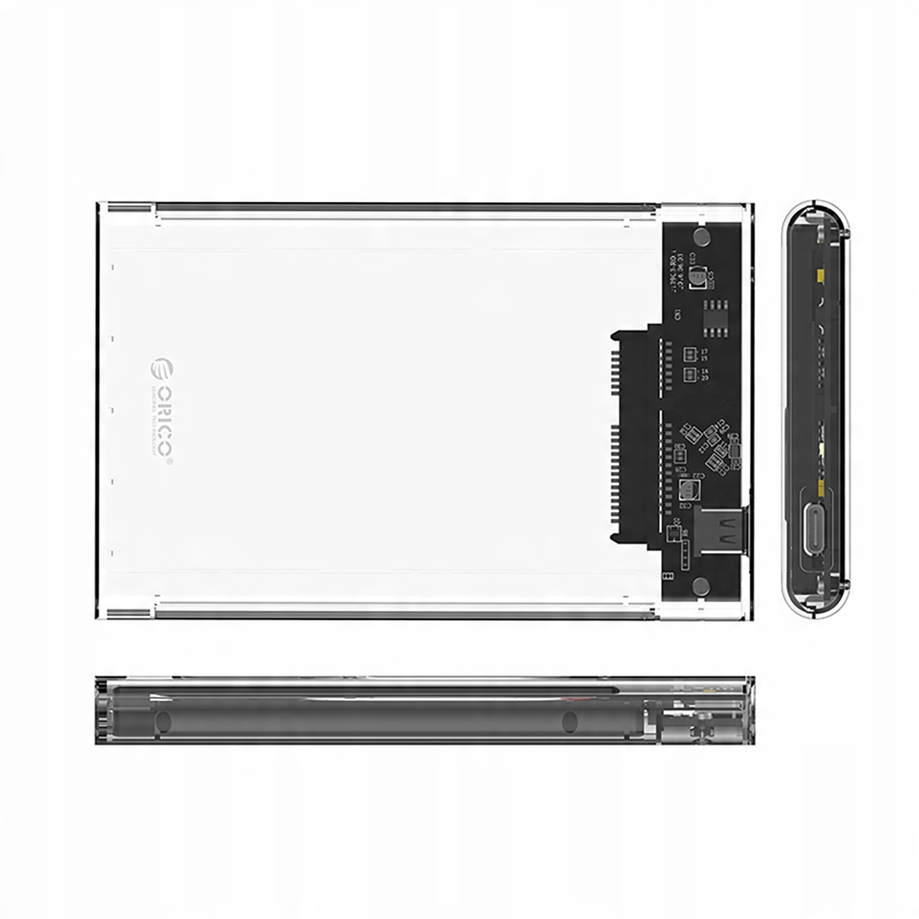 Czarna i przezroczysta obudowa dysku twardego z marką ORICO. Białe tło.