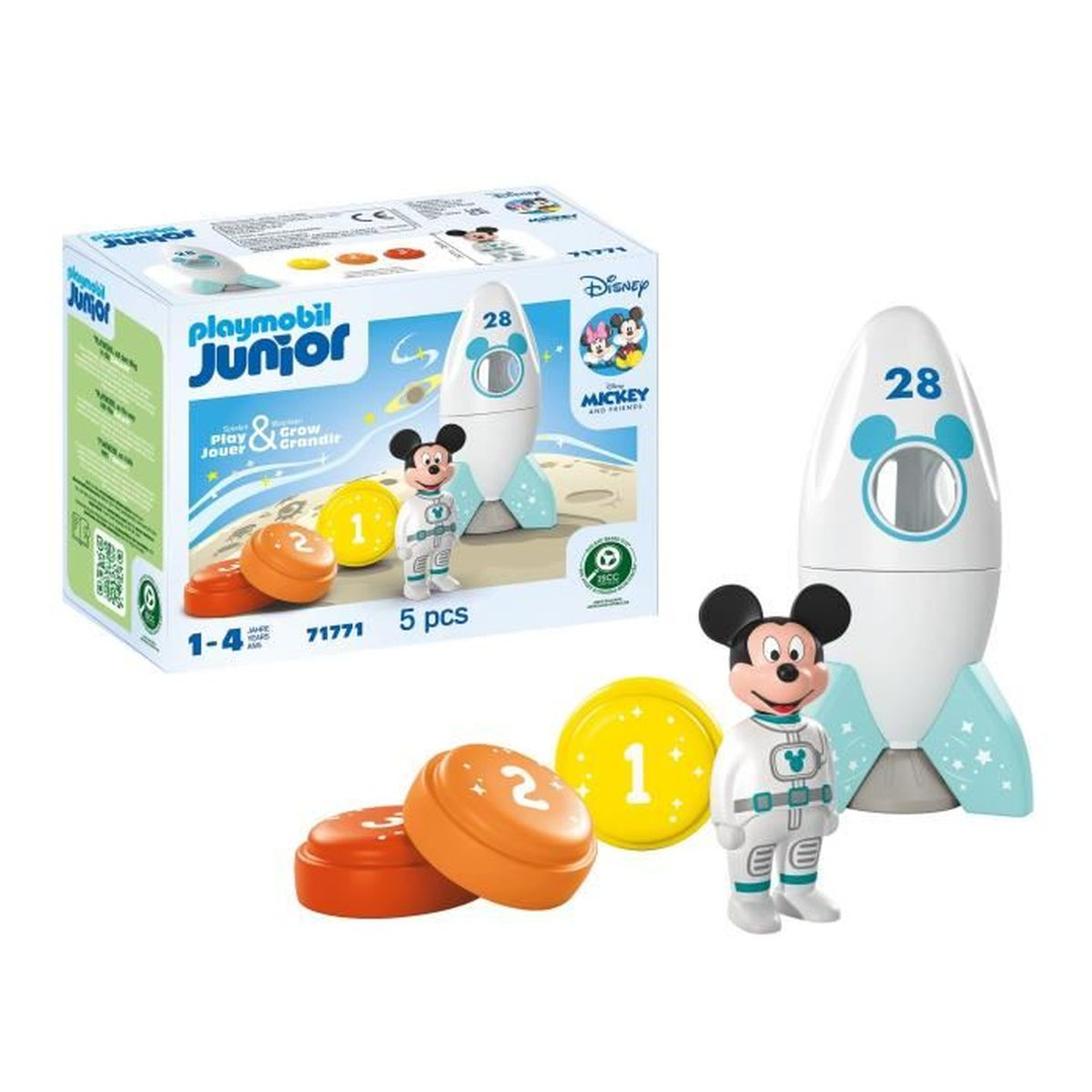 Zestaw Playmobil Junior z Myszką Miki, rakietą, ponumerowanymi guzikami i motywem kosmicznym.