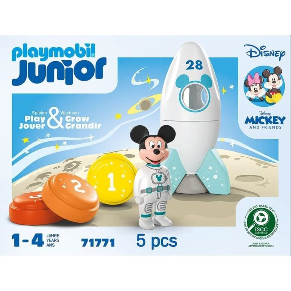 Zestaw Playmobil Junior Disney z figurką astronauty Myszki Miki, rakietą i innymi akcesoriami.
