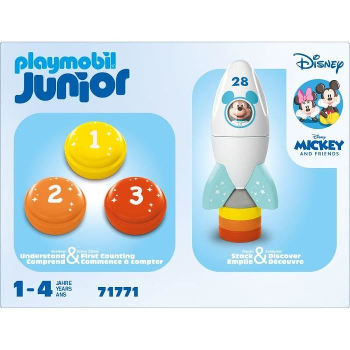Zestaw Playmobil Junior z liczbami 1, 2, 3, rakietą i motywem kosmicznym.