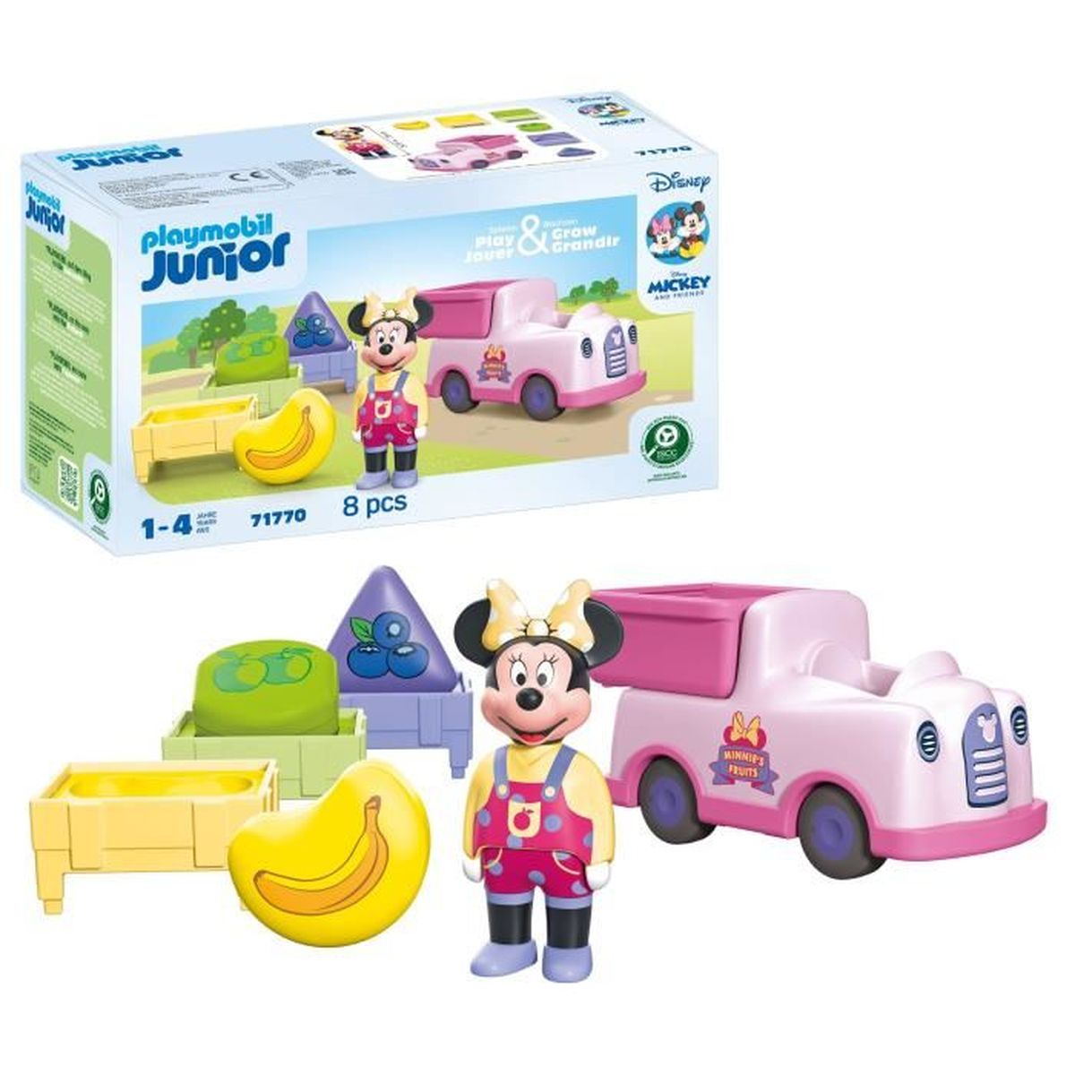 Zestaw Playmobil Junior z Myszka Minnie, różową ciężarówką i różnymi akcesoriami do zabawy.