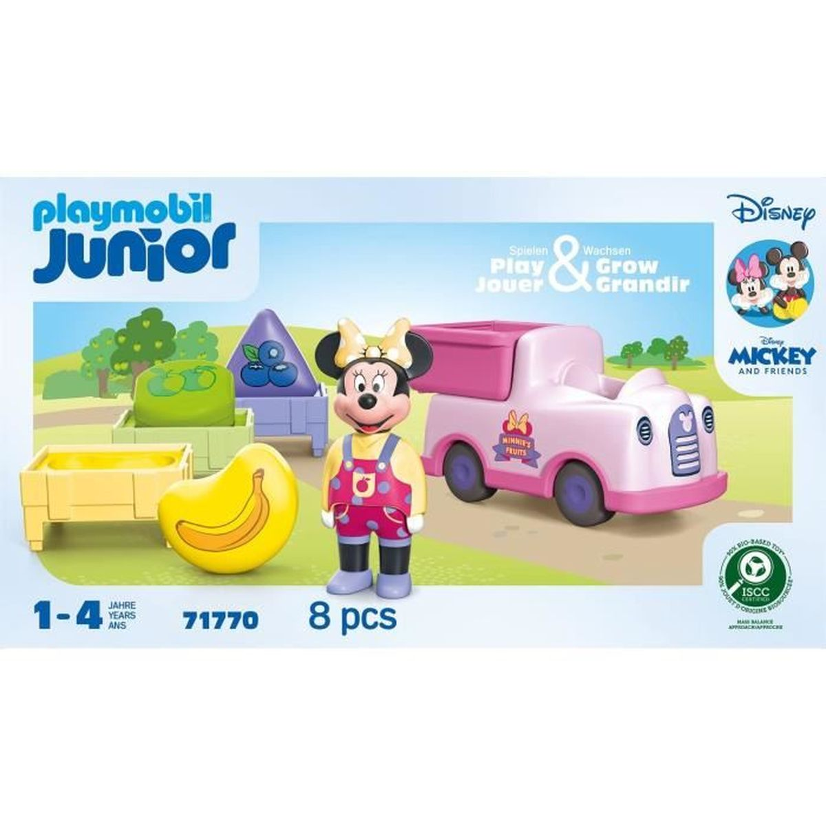 Zestaw Playmobil Junior z Minnie Mouse, różową ciężarówką, owocami i zielonym tłem.