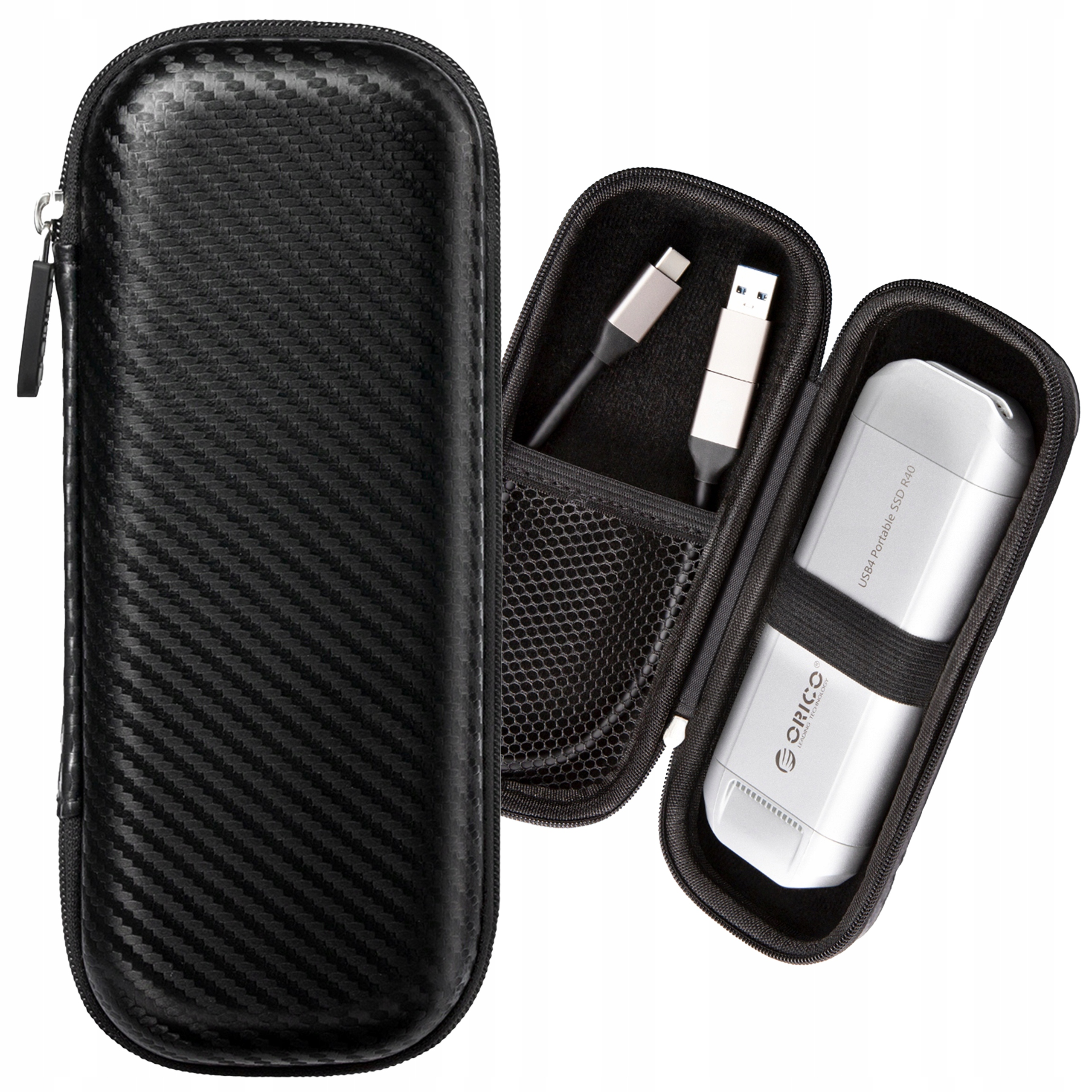 Czarny futerał z otwartym zamkiem błyskawicznym, odsłaniający srebrny dysk twardy, kable i czarne wnętrze.