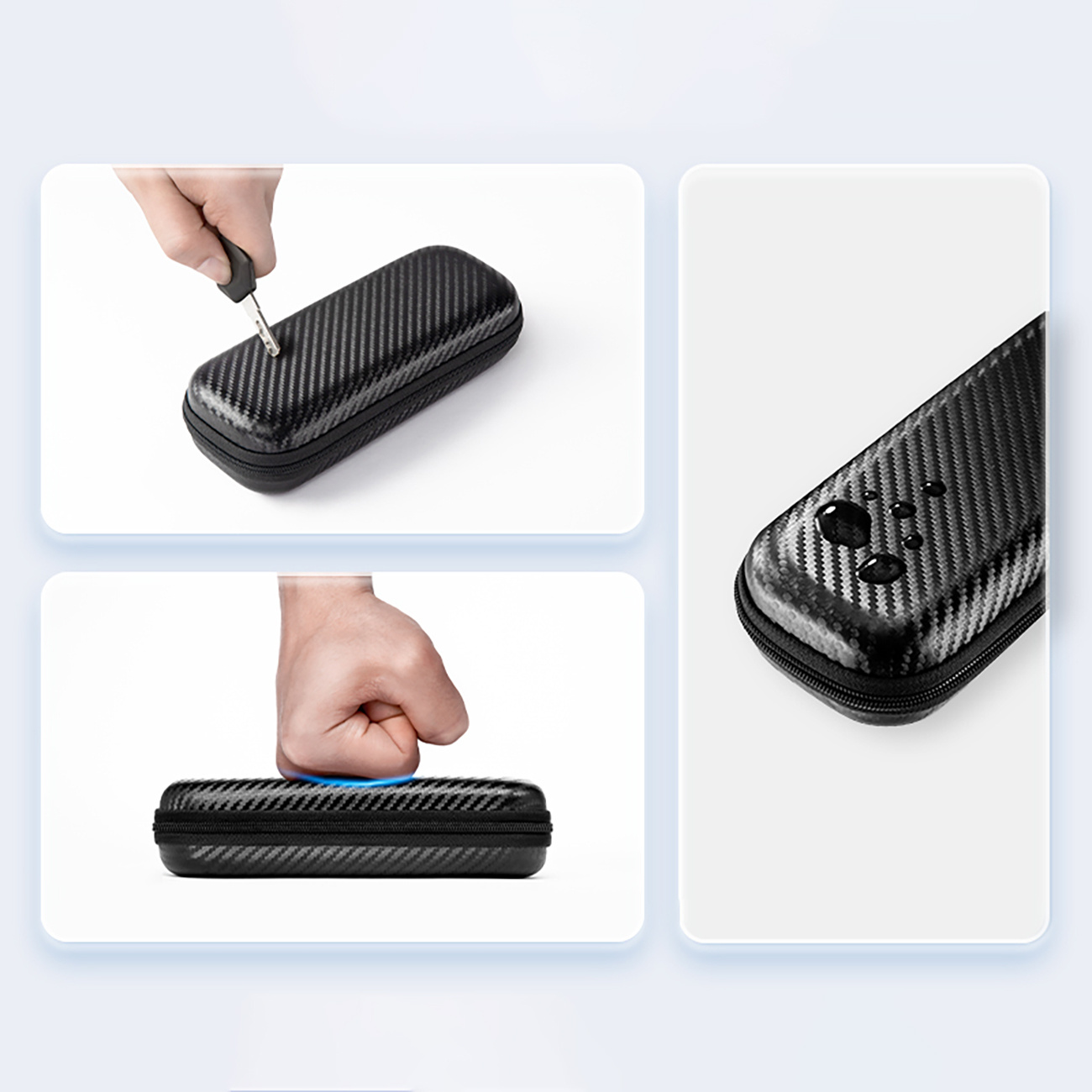 Czarny futerał z włókna węglowego z zamkiem błyskawicznym, obok dłoni wkładającej klucz.