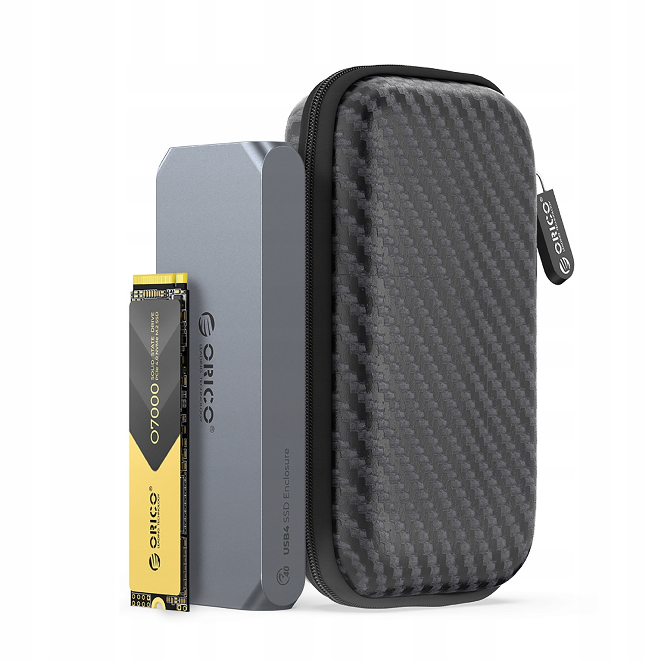 Dysk SSD i etui, z żółto-czarnym dyskiem SSD i czarnym etui.