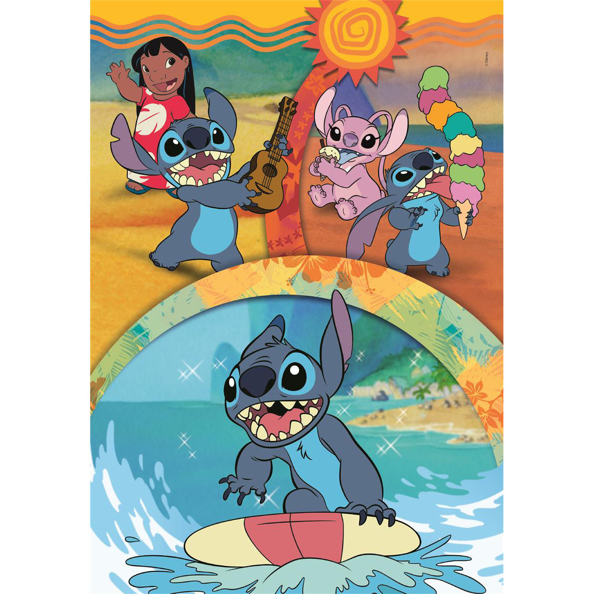 Un puzzle coloré Lilo & Stitch avec les personnages, une guitare, de la glace et du surf sur une scène de plage.