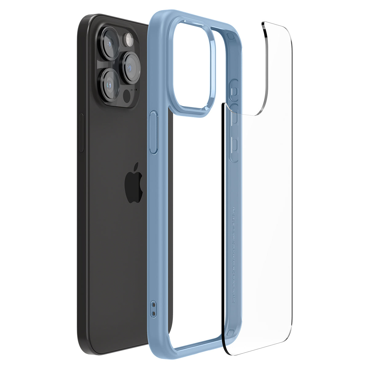 iPhone 14 Pro w kolorze czarnym z niebieskim etui ochronnym. Etui jest przezroczyste i pokazuje design telefonu.