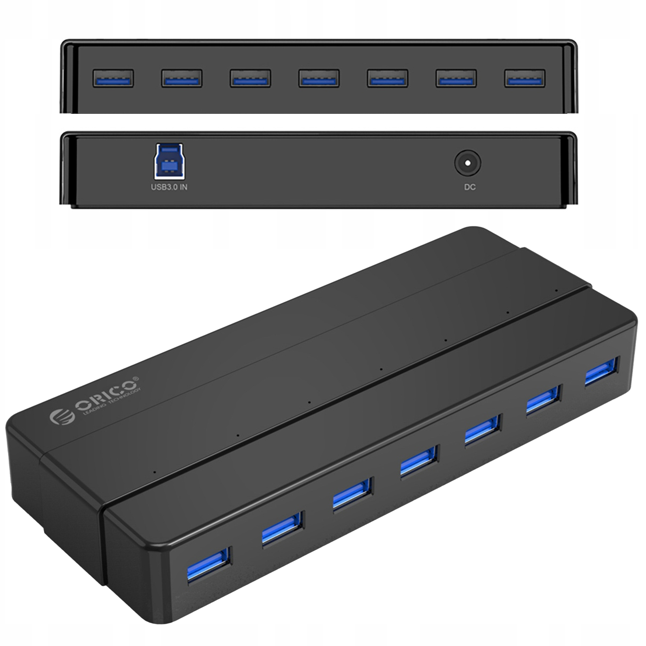 Czarny hub USB z siedmioma niebieskimi portami USB. Hub ma kabel USB, widoczna marka Orico.