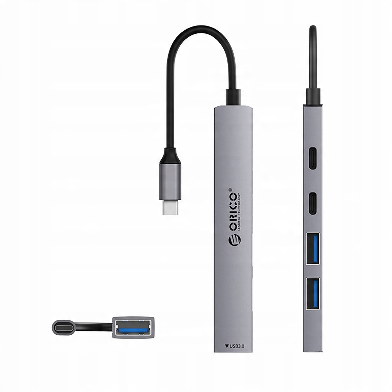 Srebrny hub USB Orico z podłączonymi kablami USB-C i USB.