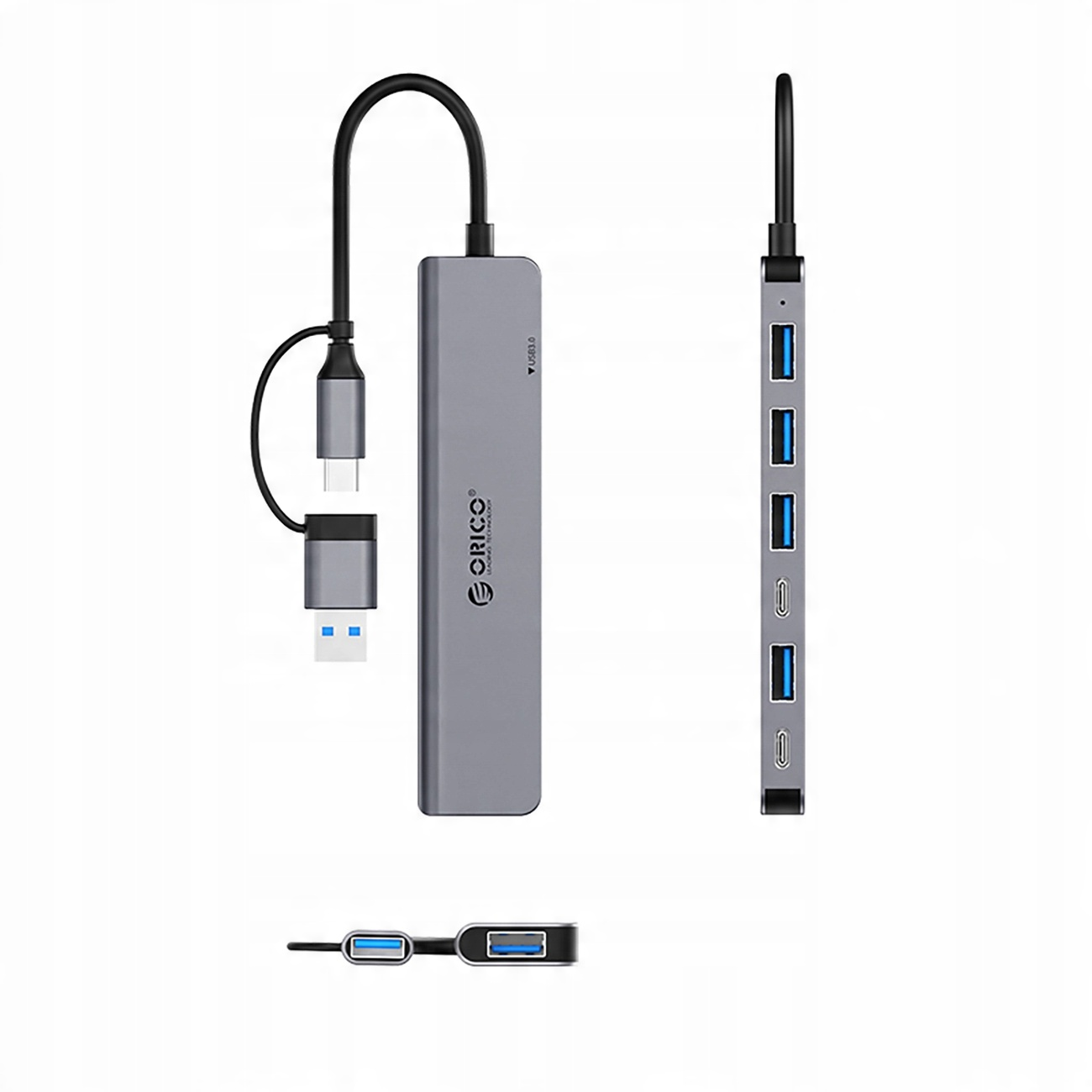 Szary hub USB z wieloma portami i złączami USB-C i USB-A.