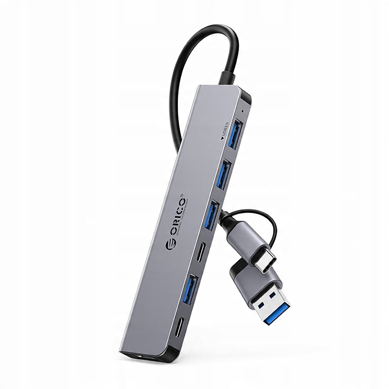 Srebrny hub USB Orico z portami USB-C i USB 3.0.