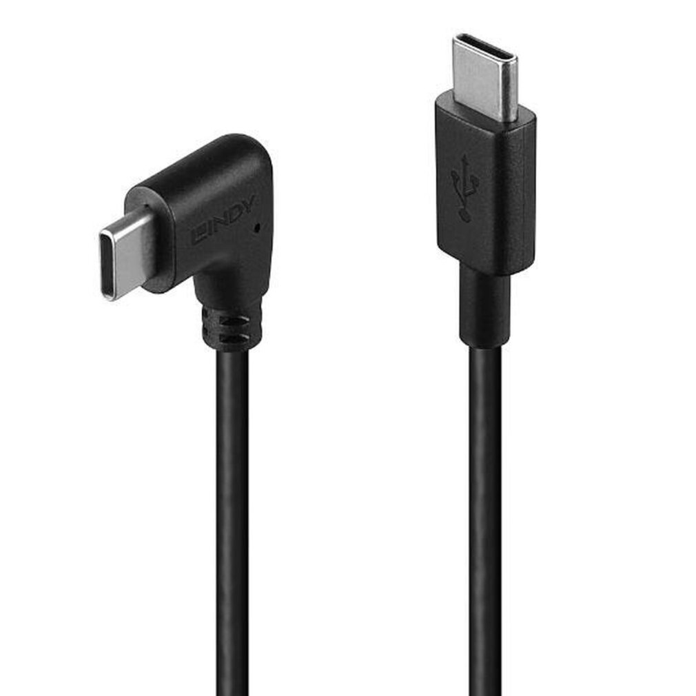 Cavi USB-C neri con connettori, uno angolato, uno dritto.