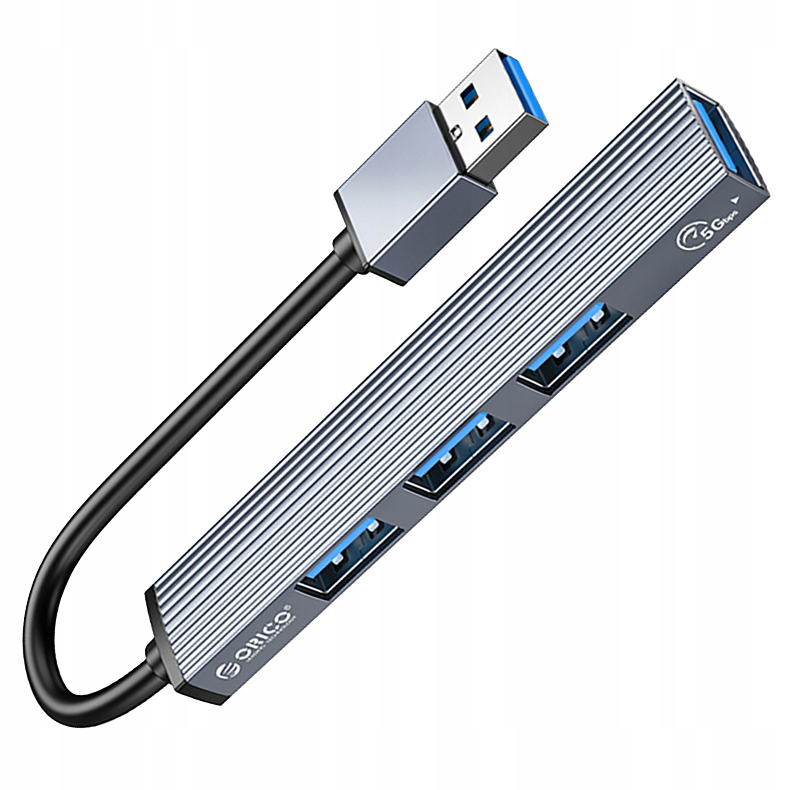 Szary hub USB z wieloma portami i złączem USB-A.