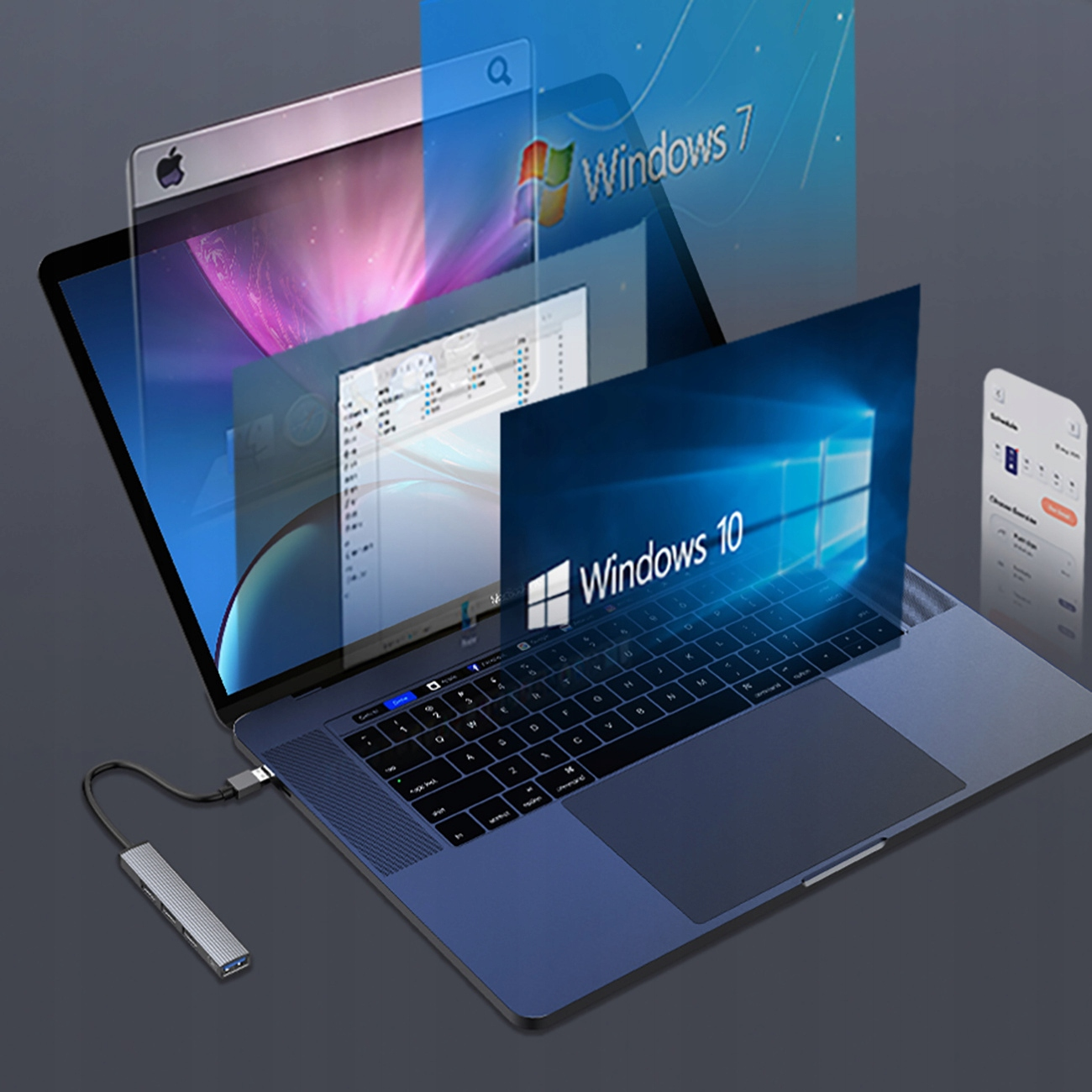 Laptop wyświetla wiele okien, podłączonych do huba. Widoczne są porty huba. Pokazane są loga Windows.