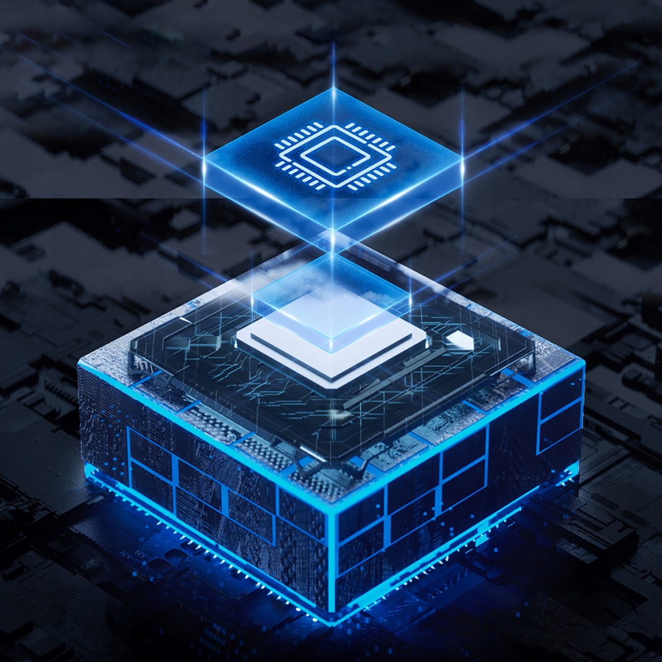Abstrakcyjny obraz chipa komputera, z świecącymi niebieskimi liniami i kwadratami.