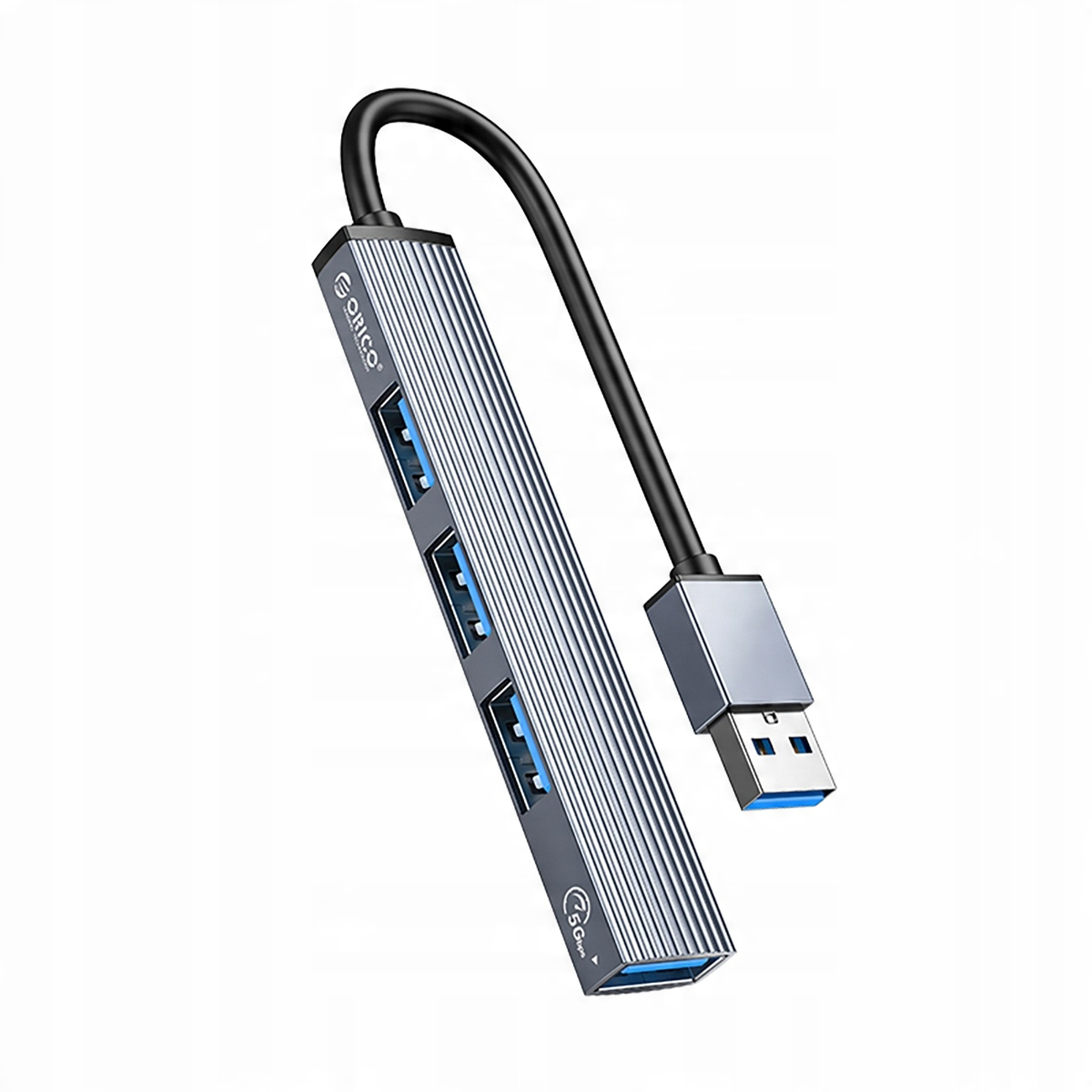 Srebrny hub USB z czarnym kablem i czterema niebieskimi portami USB, skierowany w stronę widza.