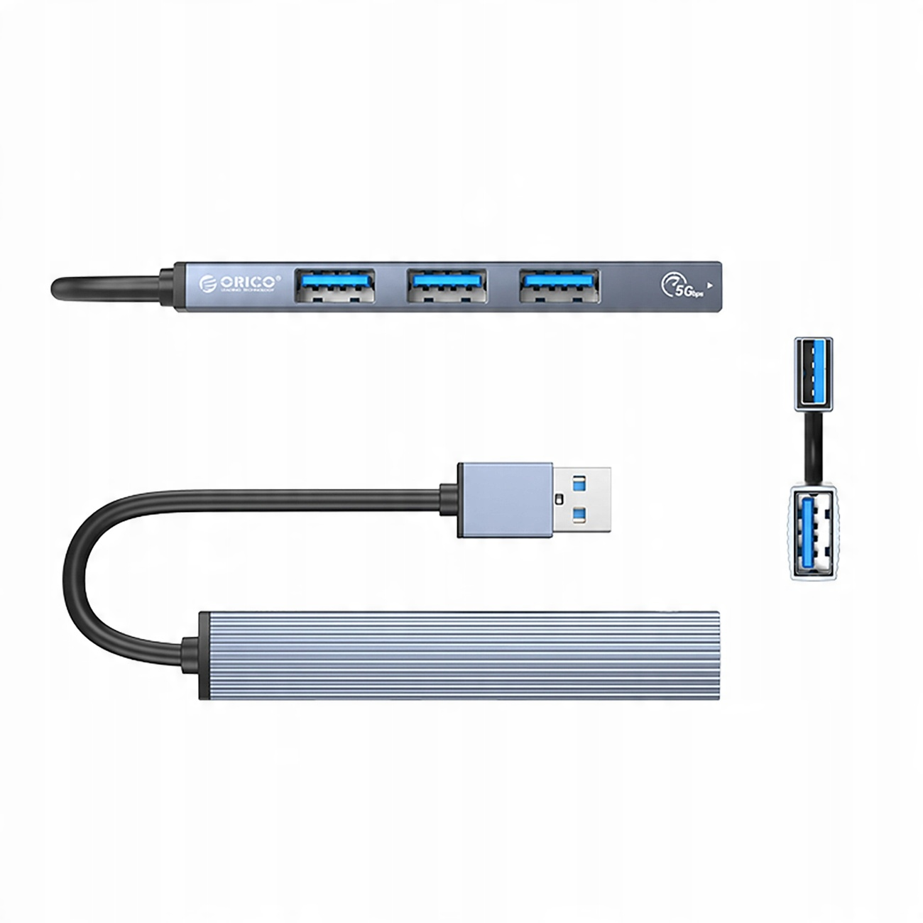 Szary hub USB z wieloma portami i złączem USB-A.