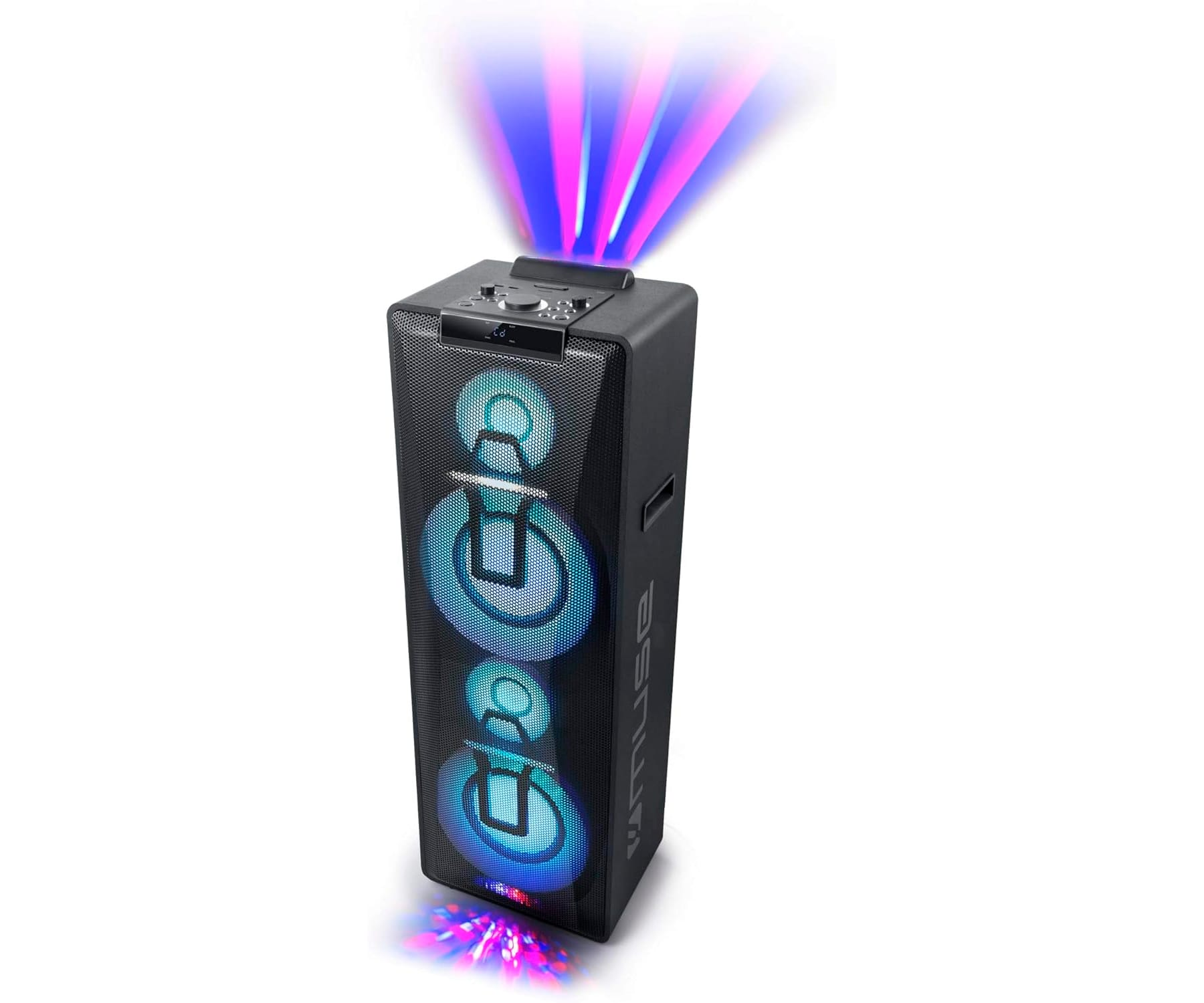 Un altoparlante nero con effetti di luce blu e rosa, con un pannello di controllo superiore. Le luci sono luminose.
