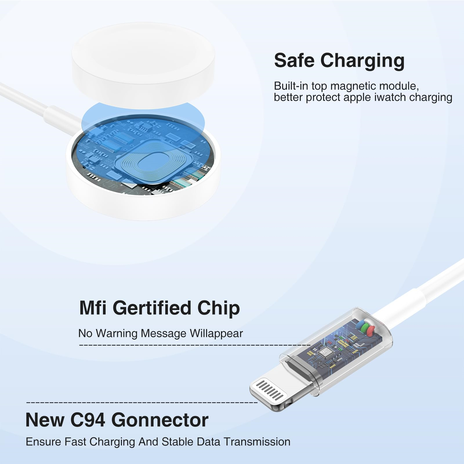 Weißes Ladekabel mit Apple Watch-Ladeanschluss und Lightning-Anschluss. Elektronik ist sichtbar.