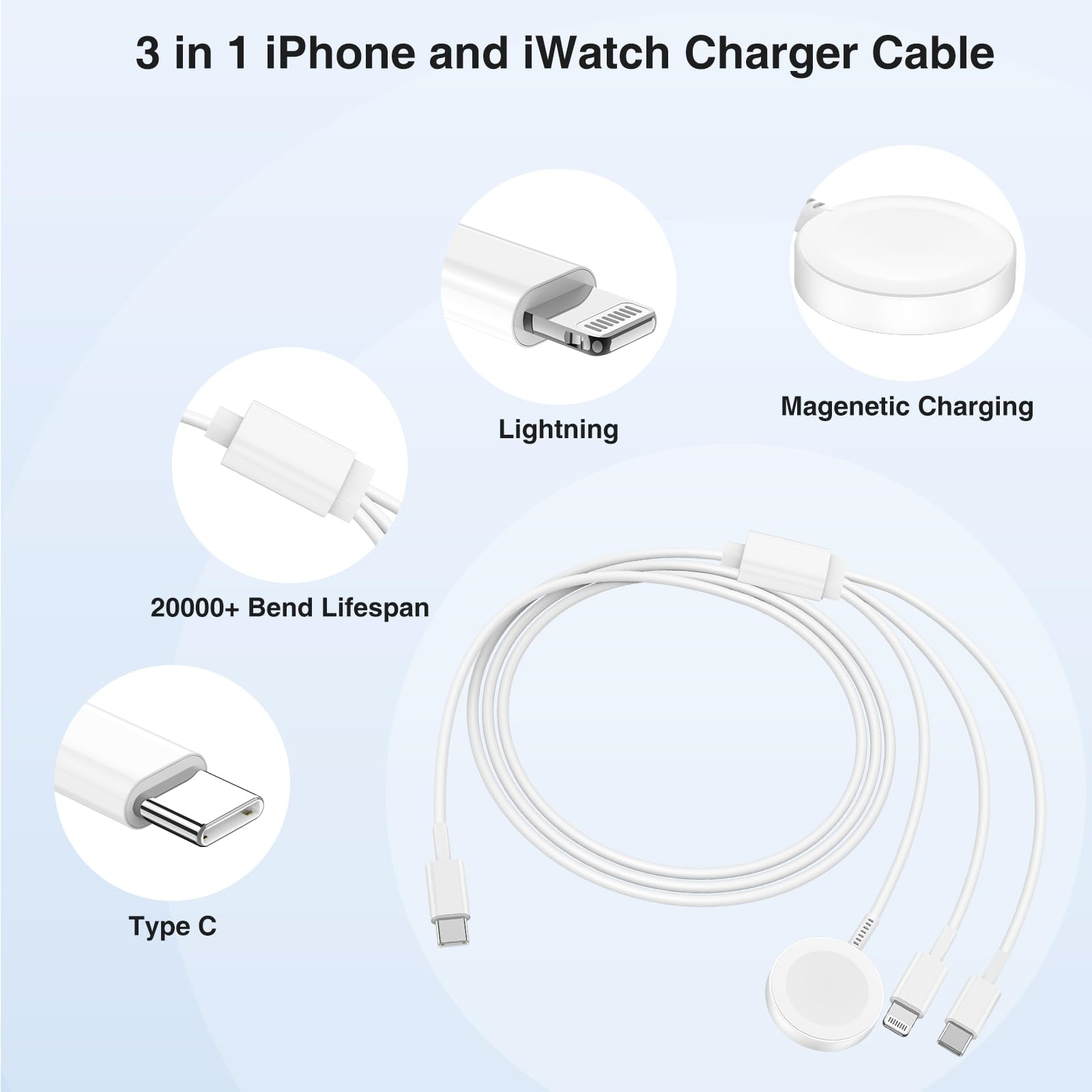 Ladekabel mit USB-C-, Lightning- und Apple Watch-Anschlüssen. Zeigt die verschiedenen Anschlüsse.