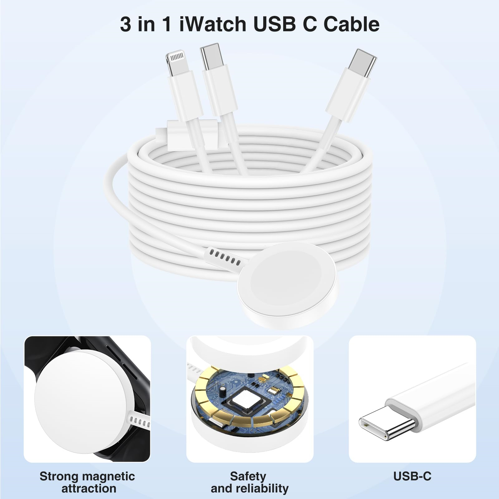 Weißes Ladekabel mit drei Anschlüssen: USB-C, Lightning und ein magnetisches Ladegerät für iWatch.