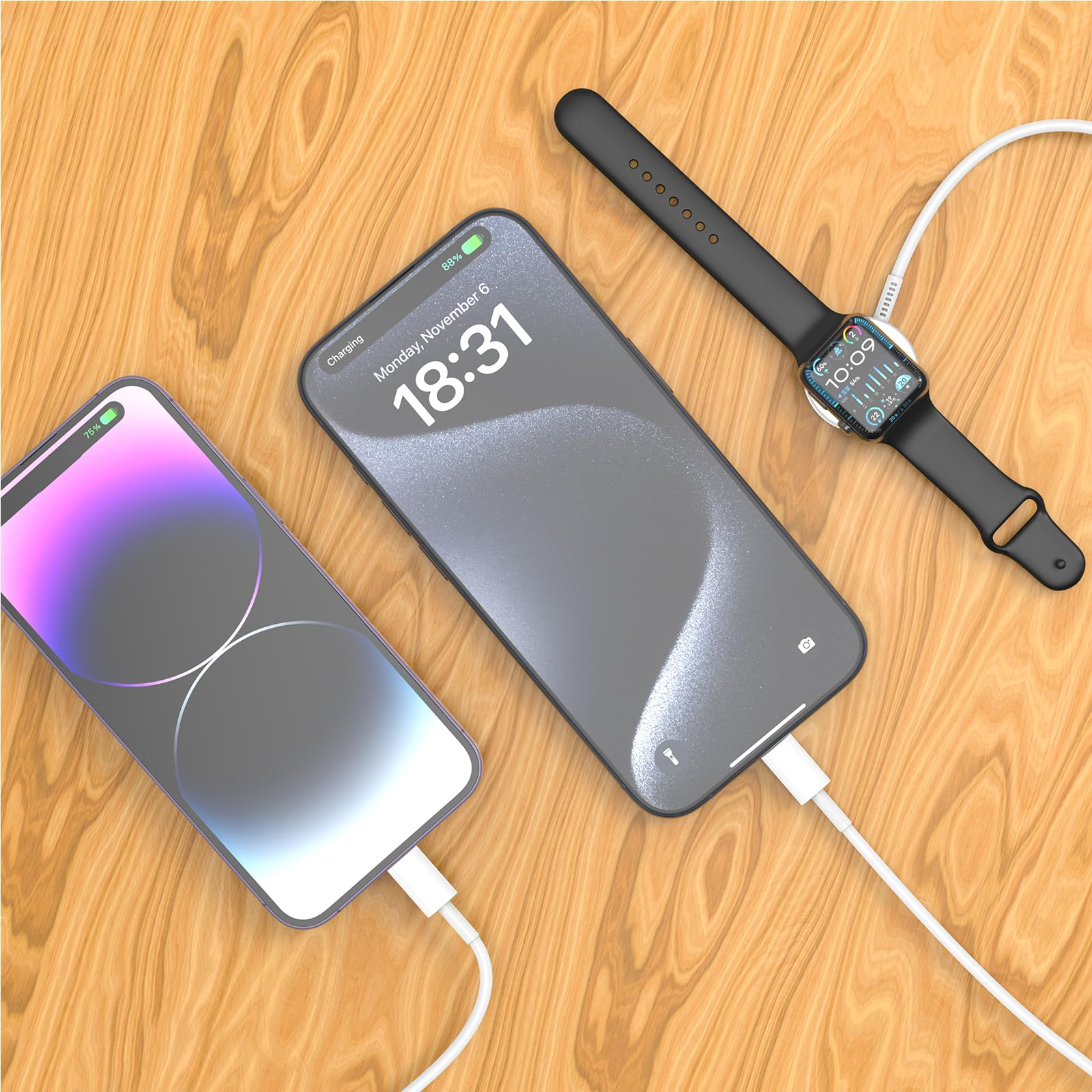 Zwei Telefone und eine Smartwatch auf einer Holzoberfläche, die geladen werden. Ein Telefon zeigt einen Ladebildschirm. Kabel sichtbar.