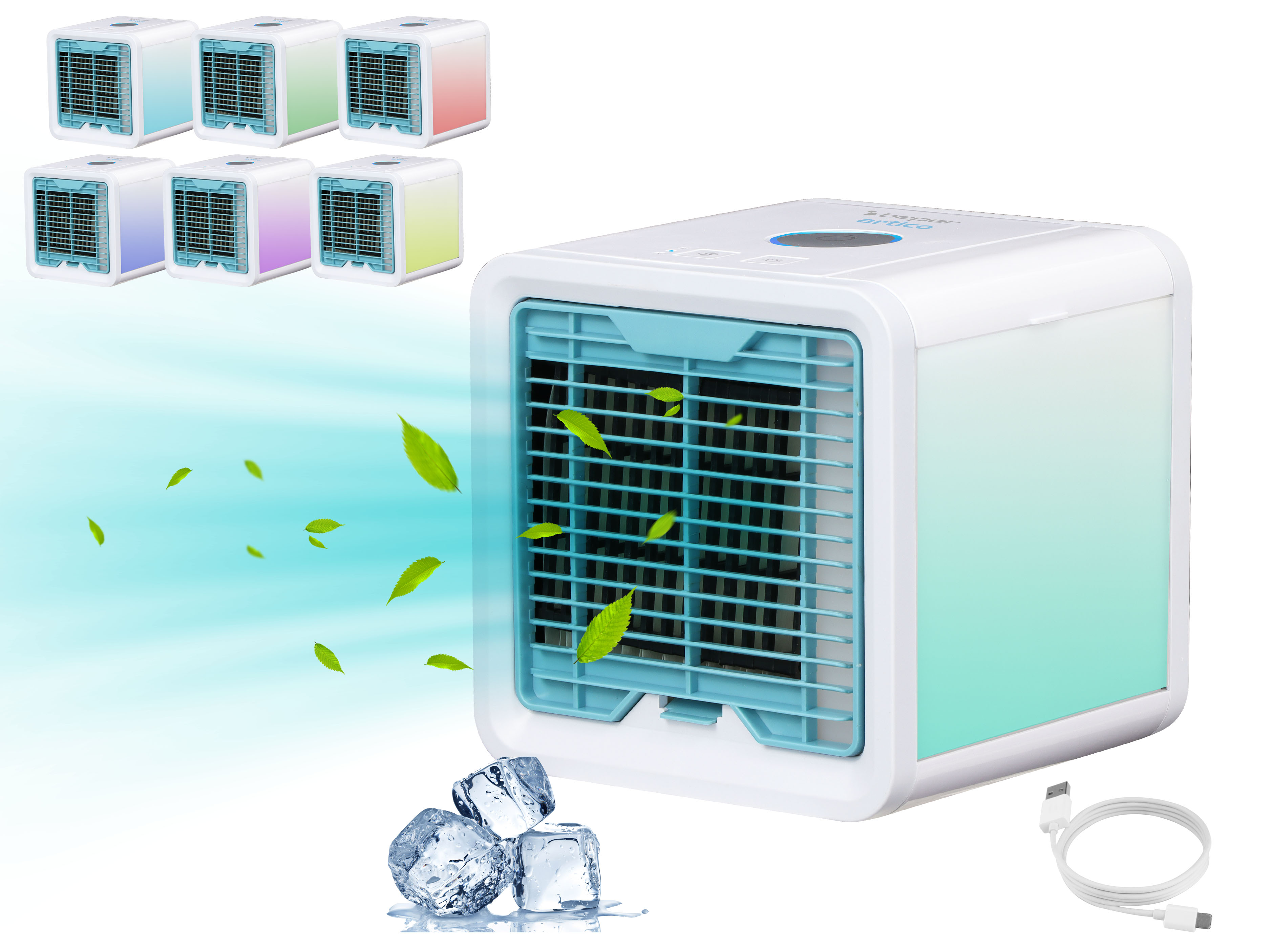 Un condizionatore d'aria bianco e blu con vapore acqueo e cubetti di ghiaccio.