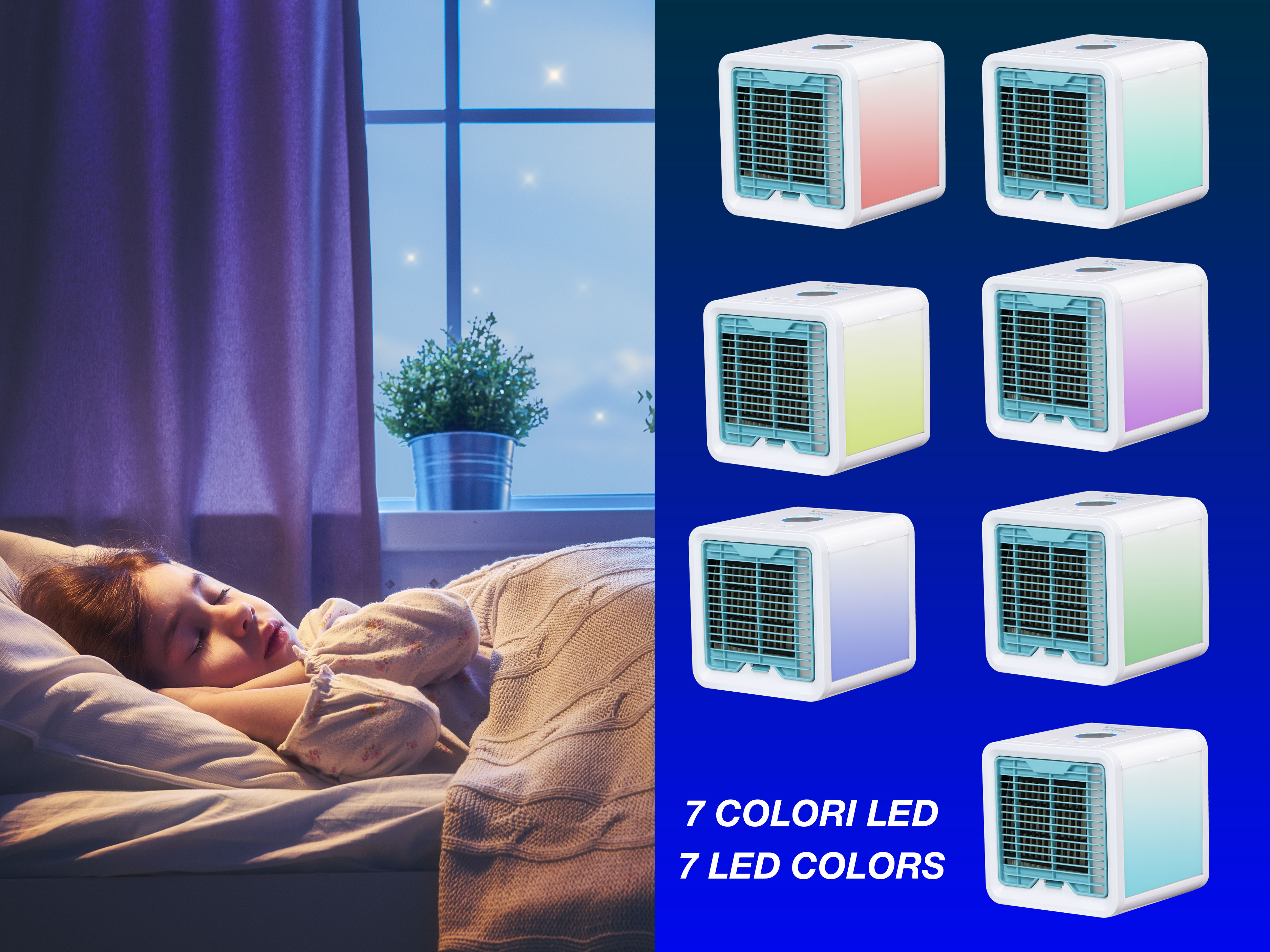 Una bambina che dorme vicino a una finestra, con diversi condizionatori d'aria con luci LED.