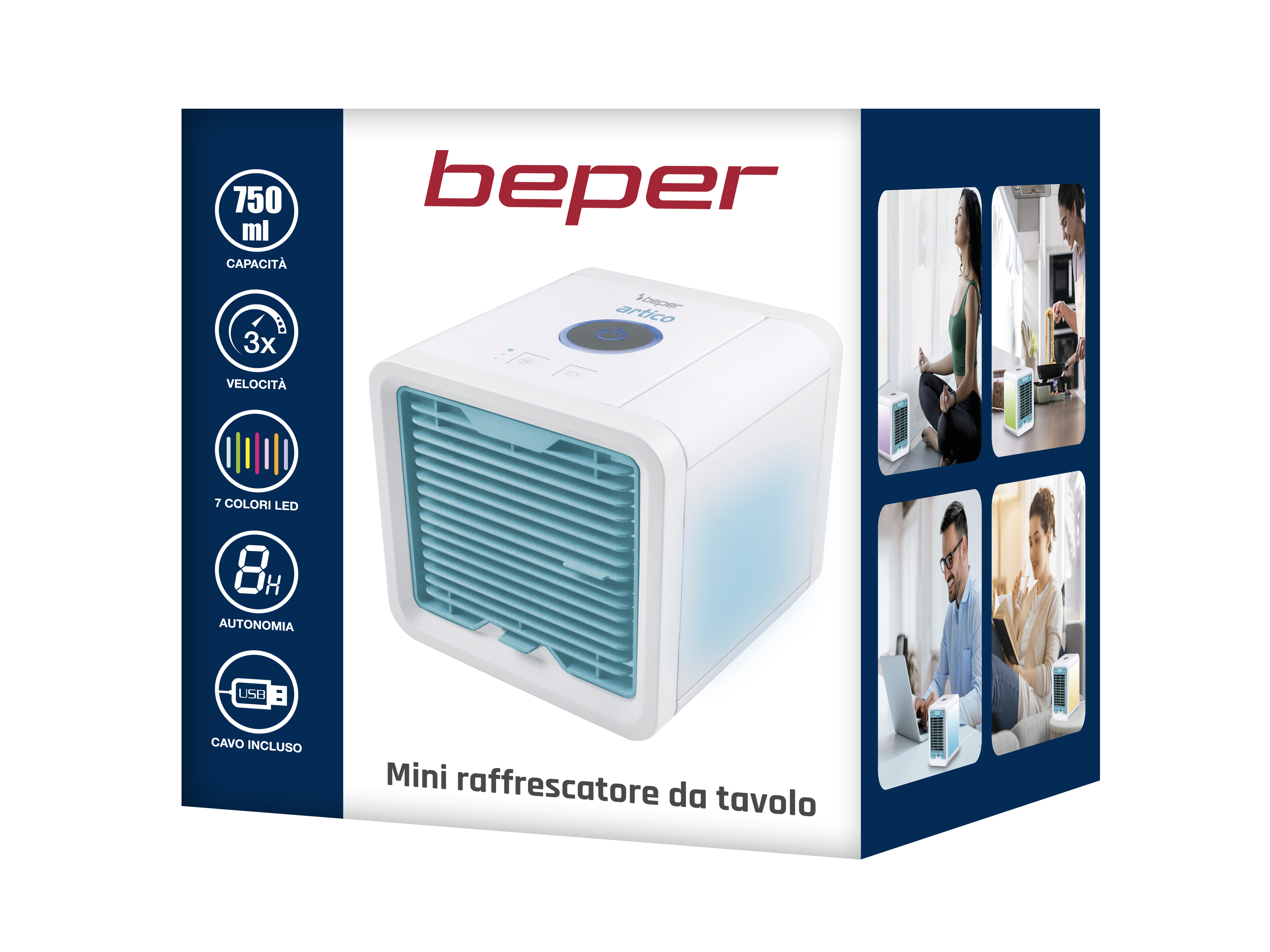 Scatola del prodotto mini condizionatore d'aria. La scatola ha uno schema di colori bianco e blu, con testo.