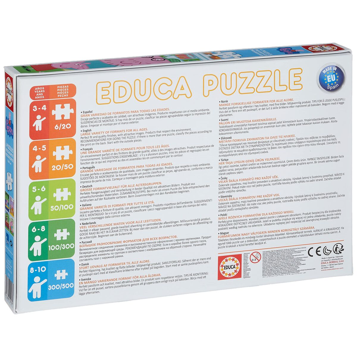 Una scatola di puzzle con vari formati, lingue e conteggio dei pezzi.