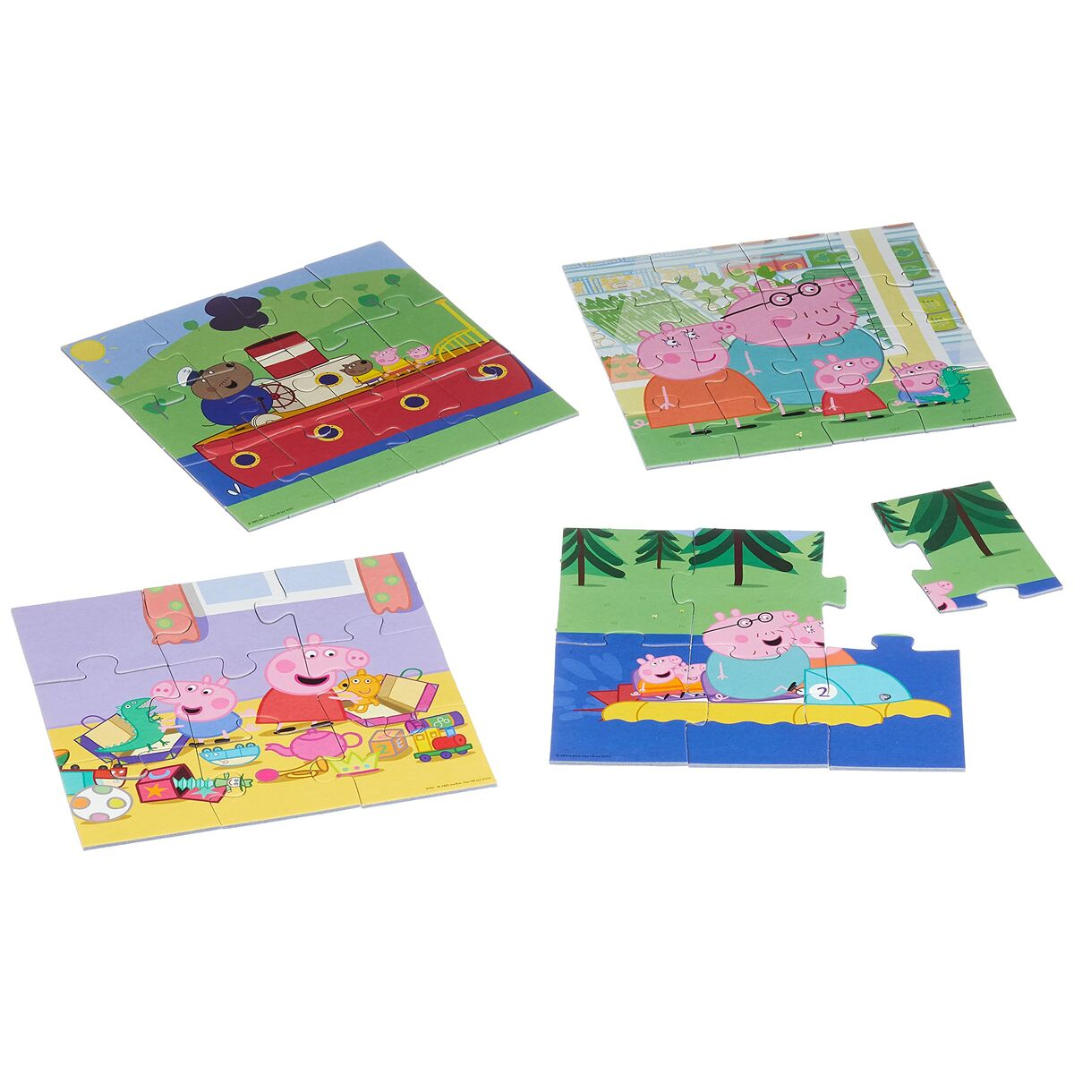 Quattro puzzle di Peppa Pig. I puzzle mostrano Peppa e la famiglia.