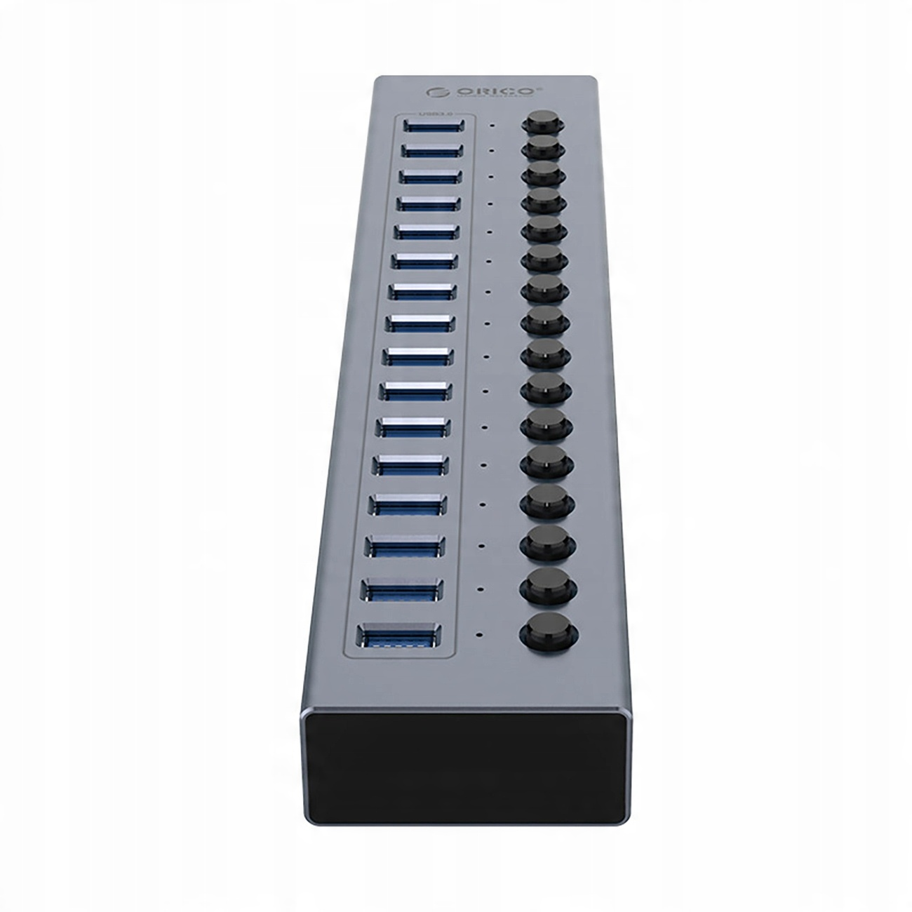 Un hub USB grigio con molte porte USB. L'hub ha una forma rettangolare, con pulsanti neri.