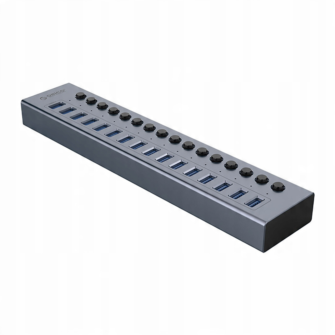Un hub USB grigio lungo con numerose porte USB e pulsanti di accensione neri.
