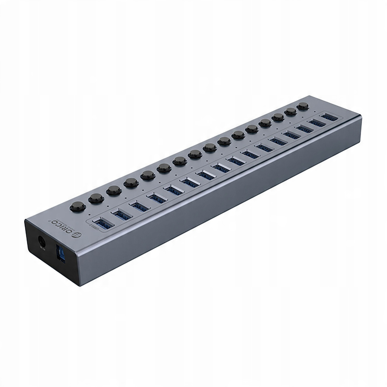 Un hub USB grigio lungo con molte porte USB e pulsanti di accensione neri.