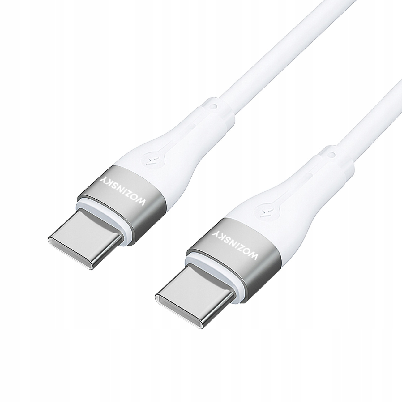 Dwa białe kable USB-C z metalowymi złączami, z napisem 'WOZINSKY'.
