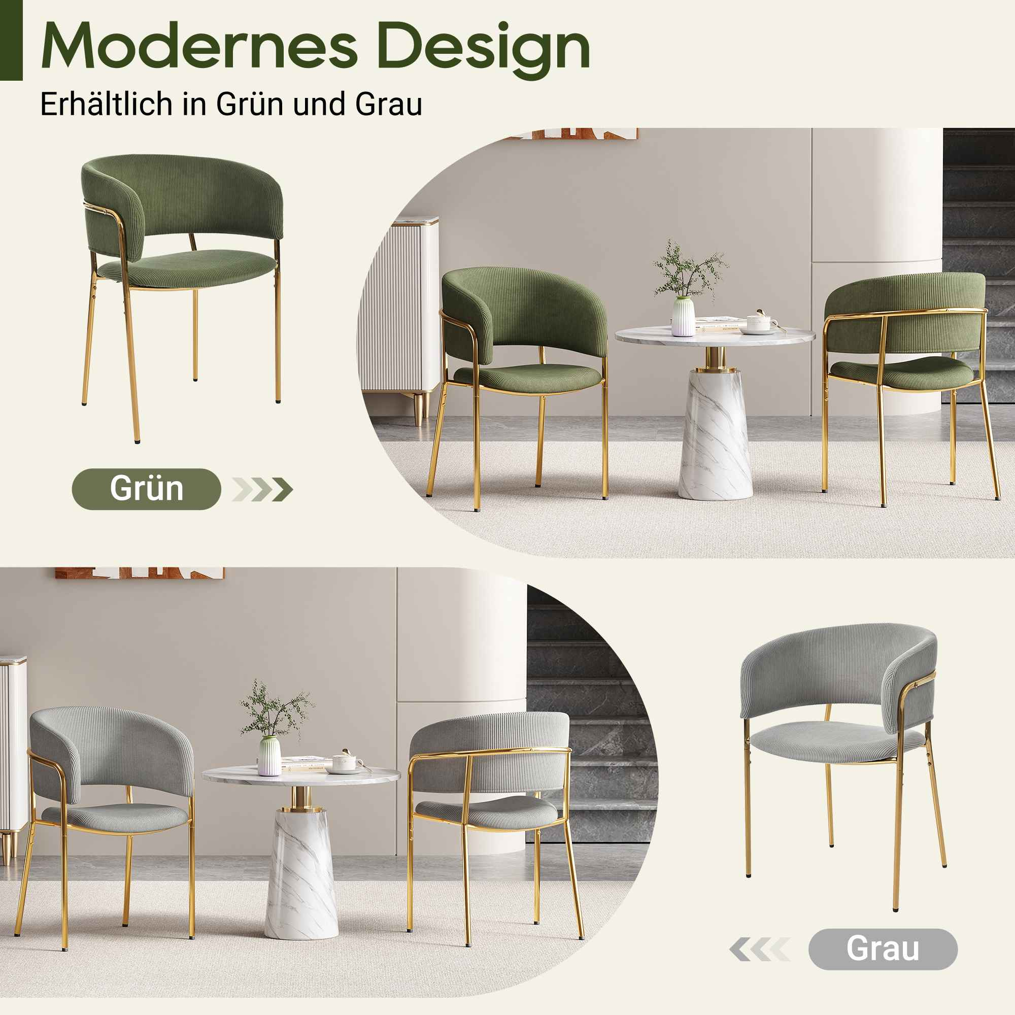 Ein Bild, das eine Reihe von grünen und grauen Stühlen um einen Marmortisch zeigt und modernes Design präsentiert.