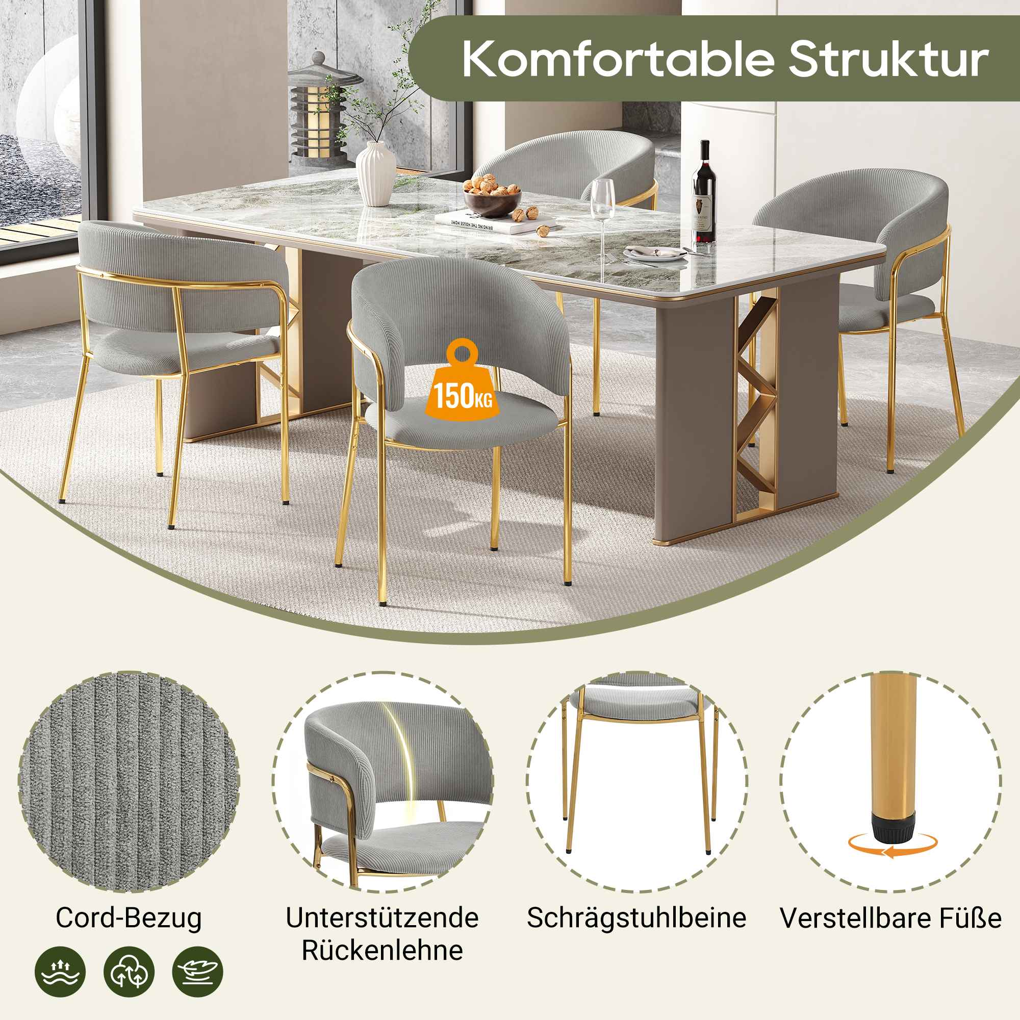 Ein Tisch- und Stuhl-Setup mit Bildern von Stoff, Stuhlbeinen und einer Gewichtsbeschränkung.