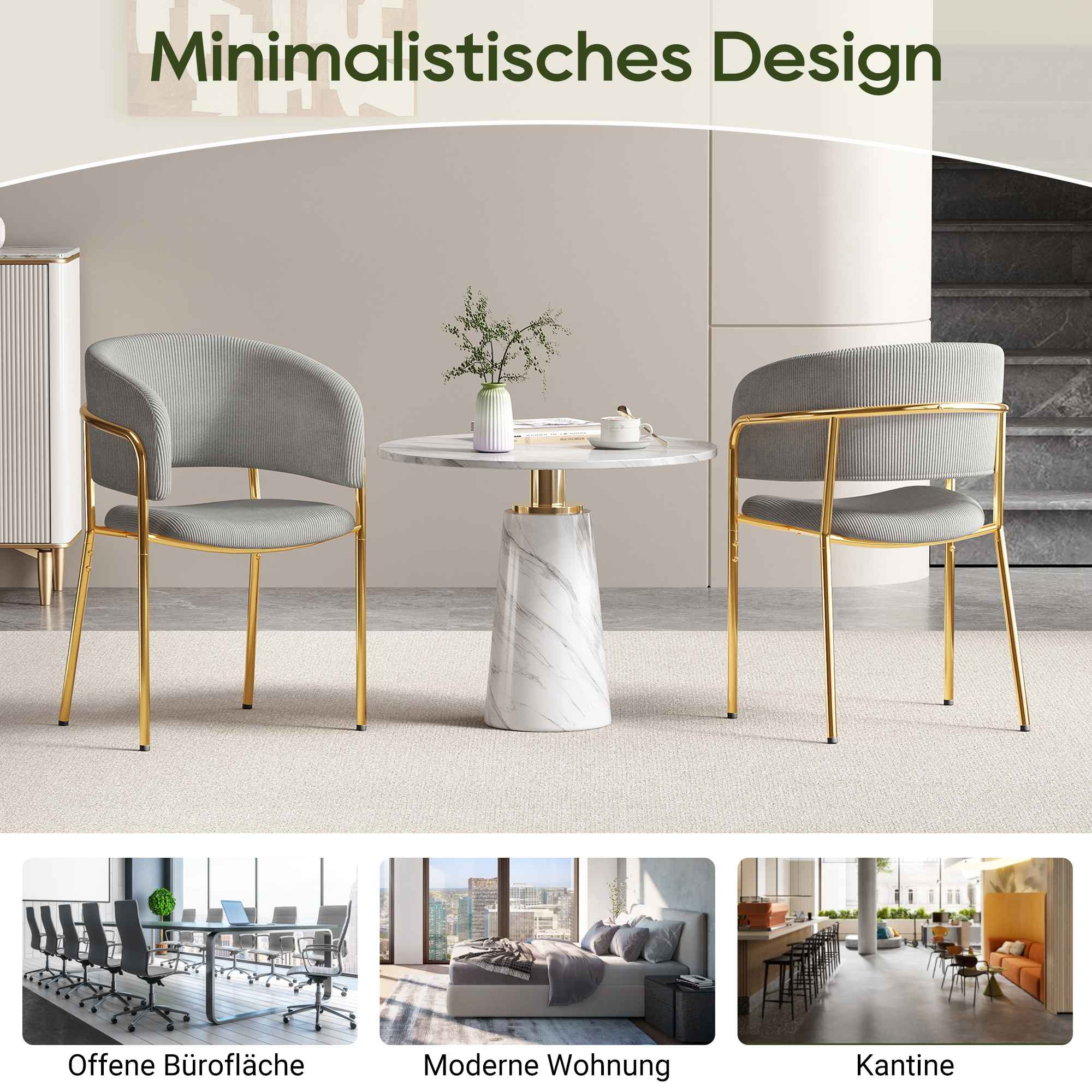Ein moderner Wohnraum mit Stühlen, einem Tisch und einem Essbereich, mit Text auf Deutsch.