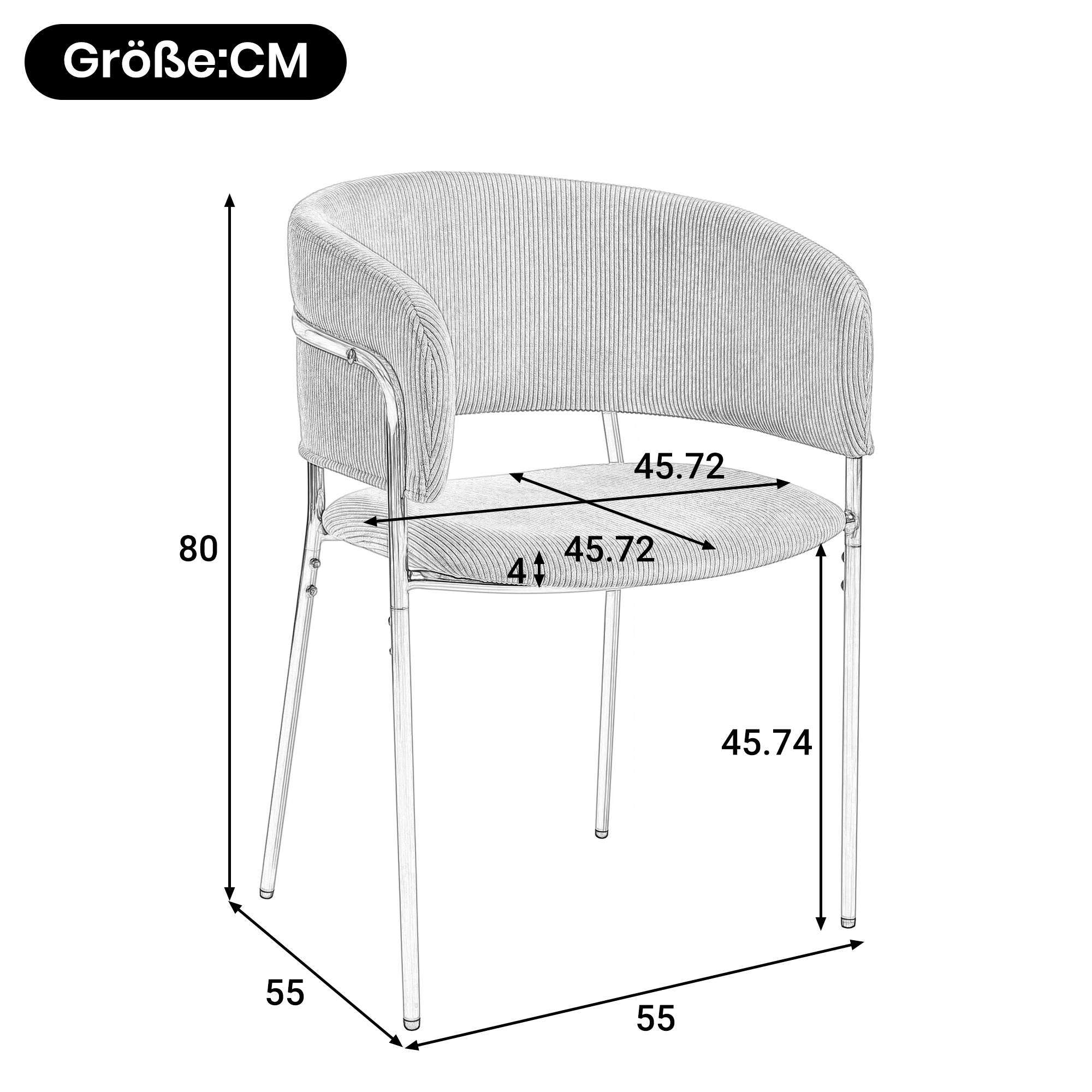 Eine technische Zeichnung eines Stuhls mit Abmessungen. Er hat eine gebogene Rückenlehne und Metallbeine.