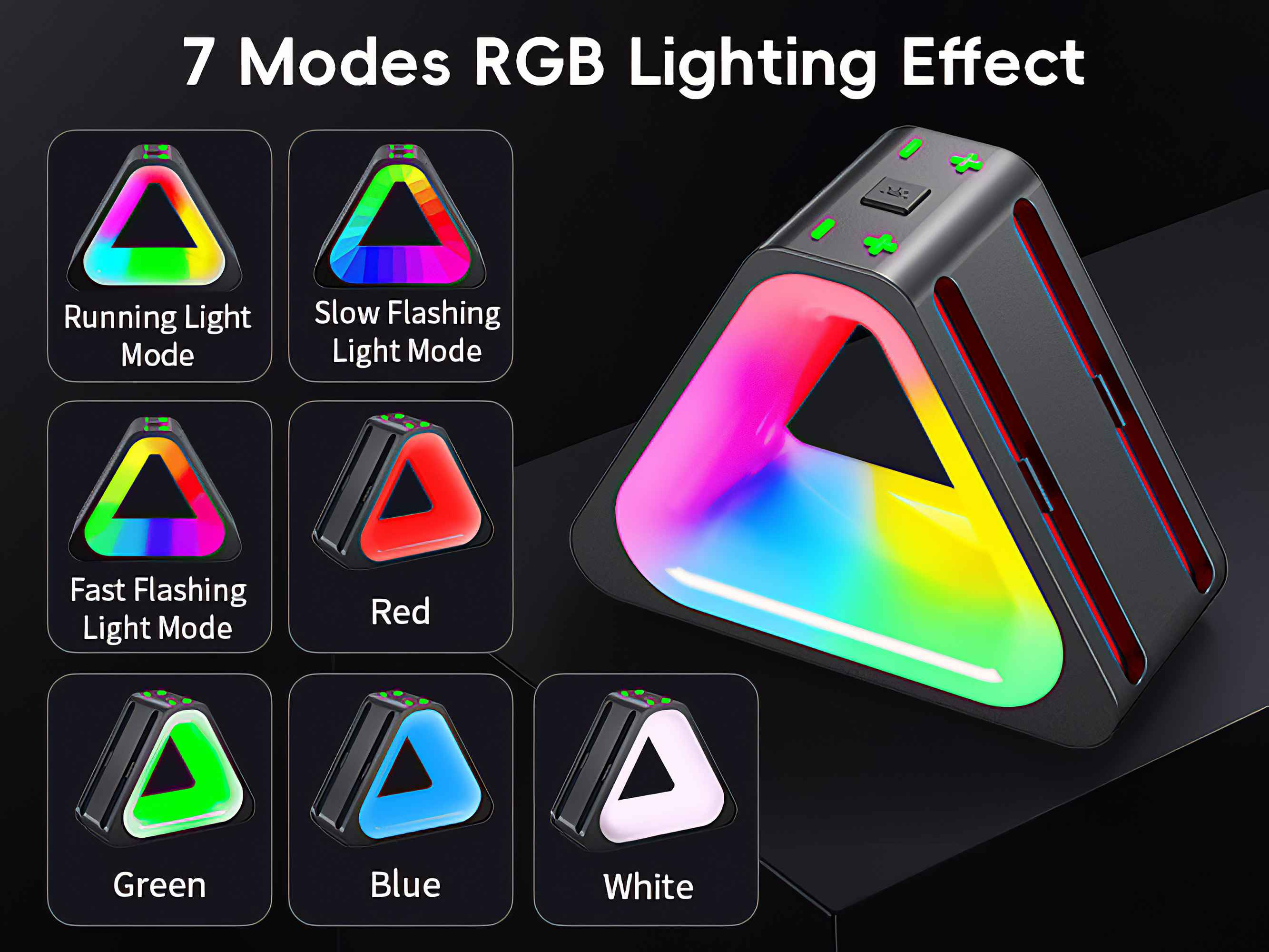 Ein Gerät mit 7 Modi für RGB-Lichteffekte, das verschiedene Farbmuster anzeigt.