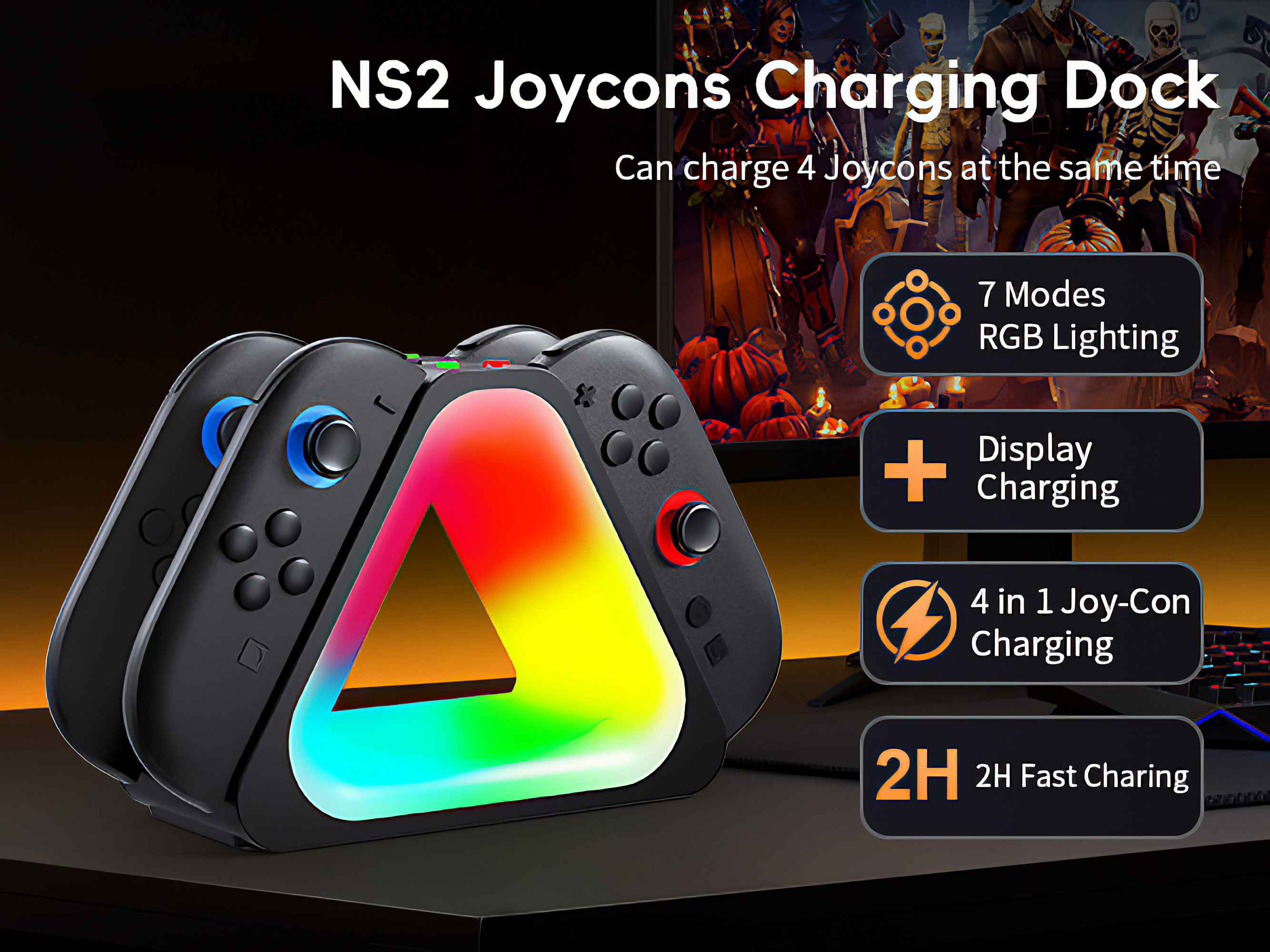 Eine schwarze Ladestation für NS2 Joycons, mit farbenfroher Beleuchtung, Text und Gaming-Setup im Hintergrund.
