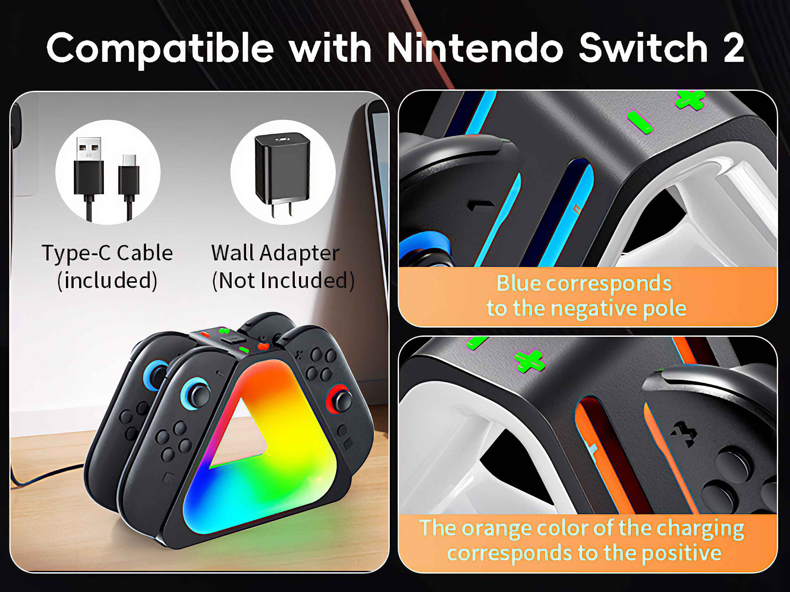 Eine Ladestation für Gamecontroller, Kabel und Adapter. Sie hat farbige Lichter und ist mit Nintendo Switch kompatibel.