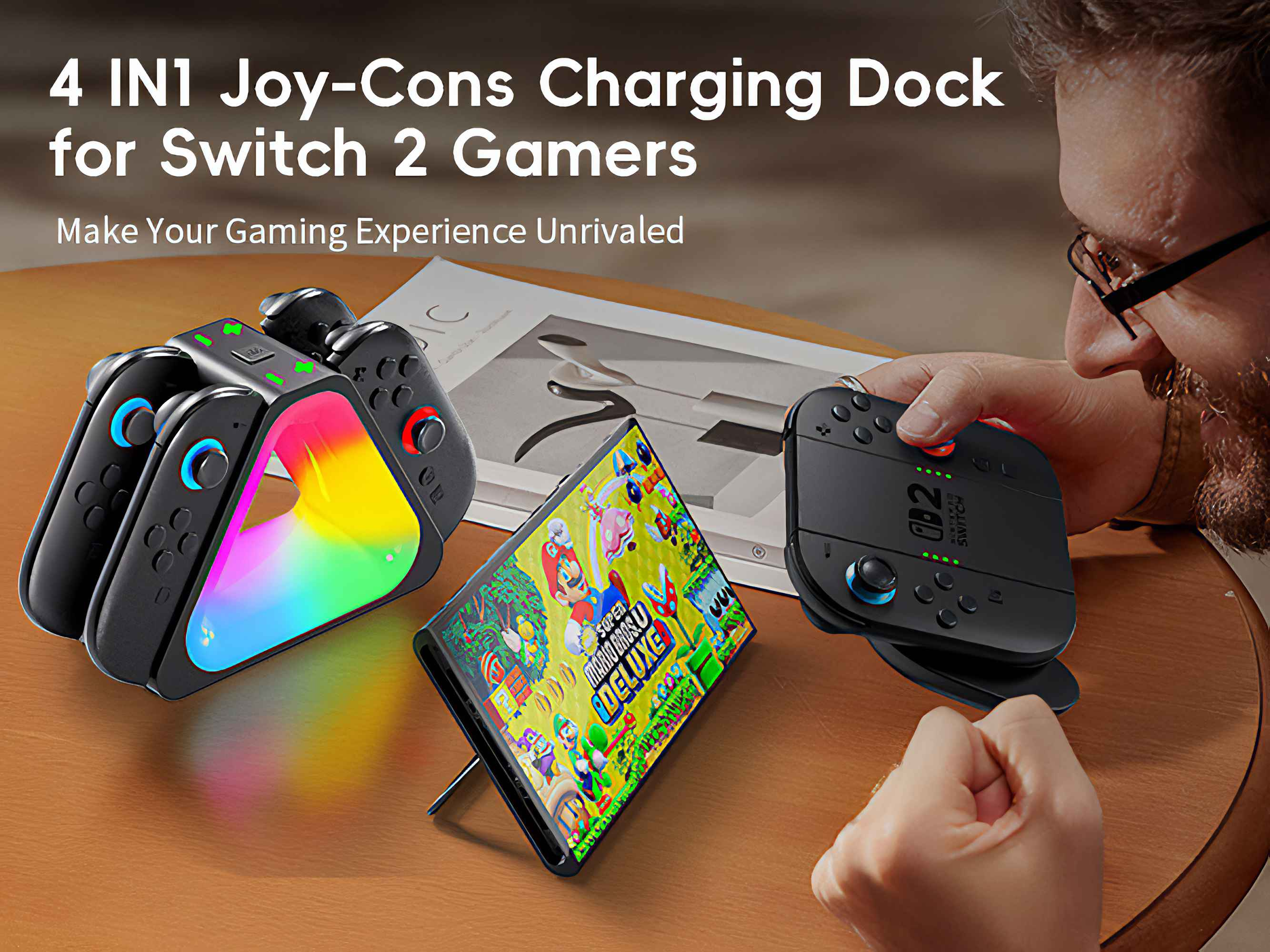 Mann, der NS2 Joycons-Ladestation hält und eine Switch-Konsole mit zwei weiteren Stationen im Hintergrund.