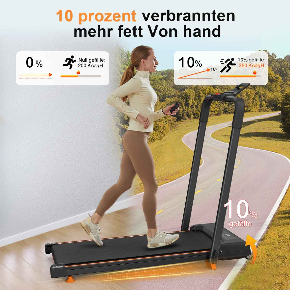 Frau läuft auf einem Laufband im Freien. Das Laufband hat schwarze und orangefarbene Farben und zeigt Trainingsdaten an.