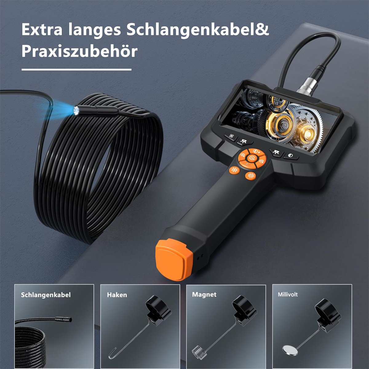 Endoskop mit einem schwarzen flexiblen Kabel und Zubehör. Mehrere Bilder zeigen das Endoskop und seine Teile.