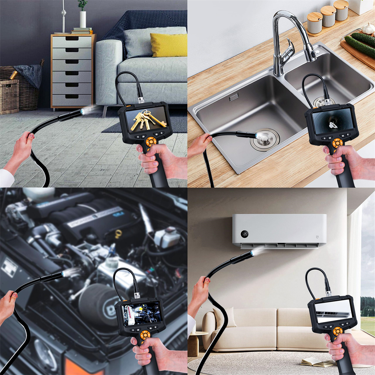 Vier Bilder, die ein Endoskop in verschiedenen Anwendungen zeigen: Schlüssel, ein Waschbecken, ein Automotor und ein Wohnzimmer.