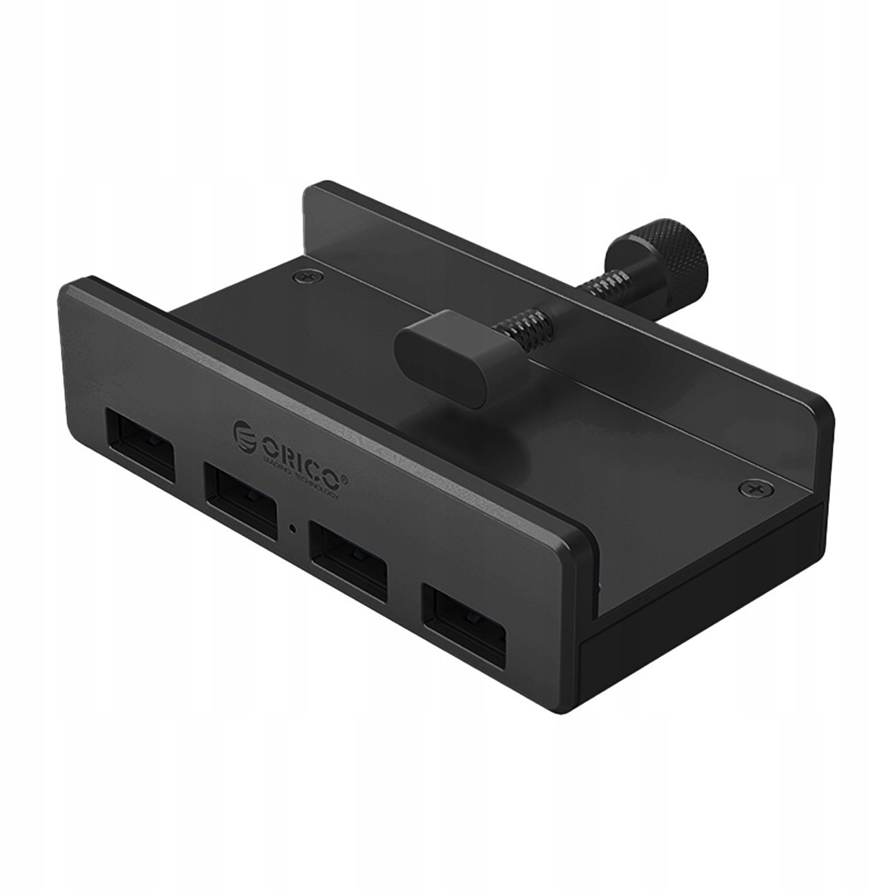 Czarny hub USB z czterema portami, zamontowany na wsporniku biurkowym ze śrubą zaciskową z boku.