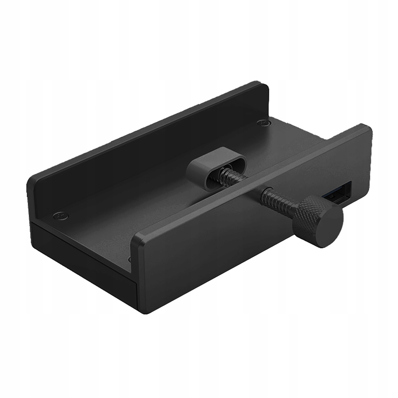 Czarny hub USB z zaciskiem śrubowym, pokazujący widok z boku i porty USB.